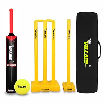 THE VILLAIN Hunter Edition Plastic Cricket Bat (Full Size) Black Color | Lightweight and Durable | Bat, Ball, Wicket Set & Kit Cover | Pack of 4