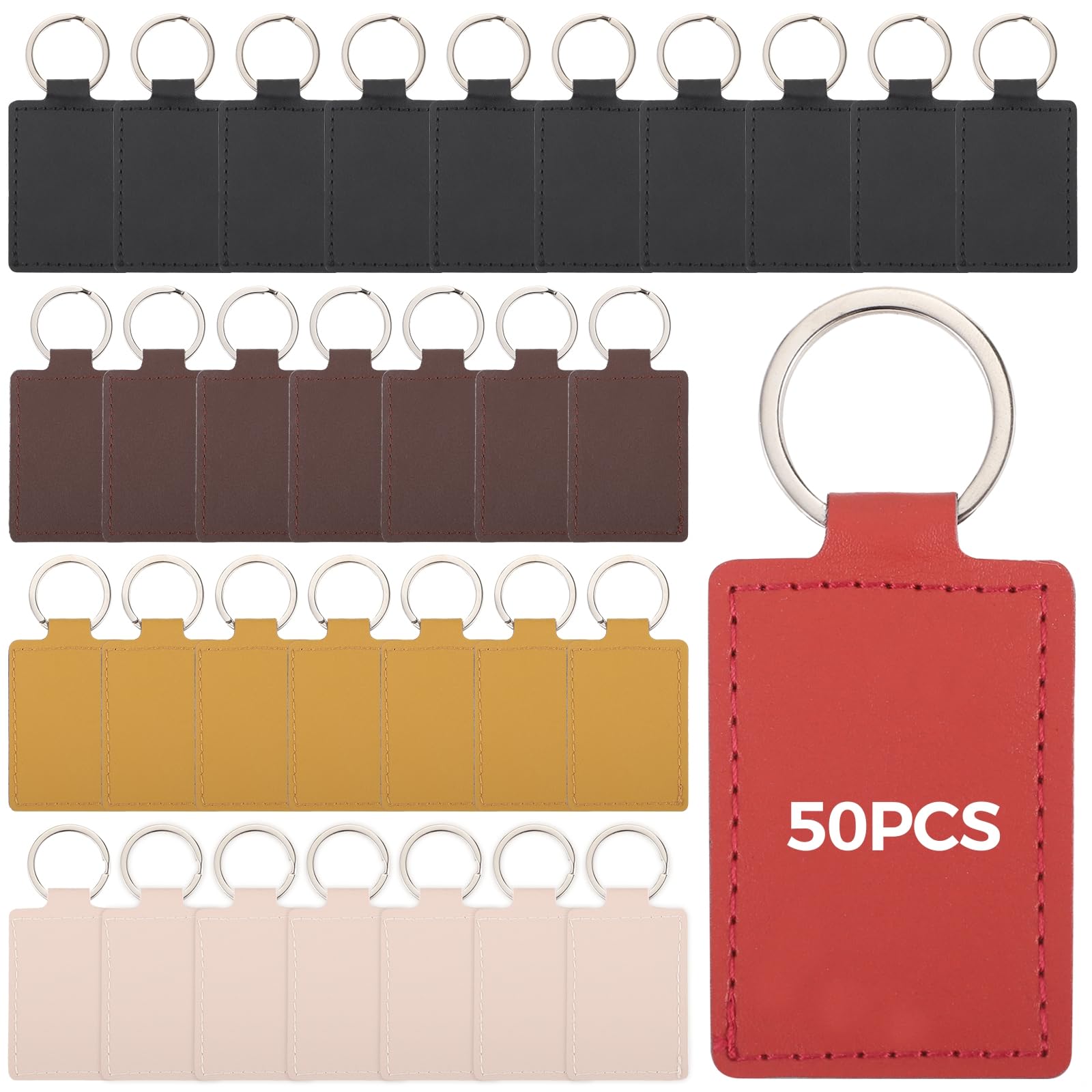Juego de 50 llaveros de piel sintética, multicolor para manualidades, incluye llaveros de aleación resistente