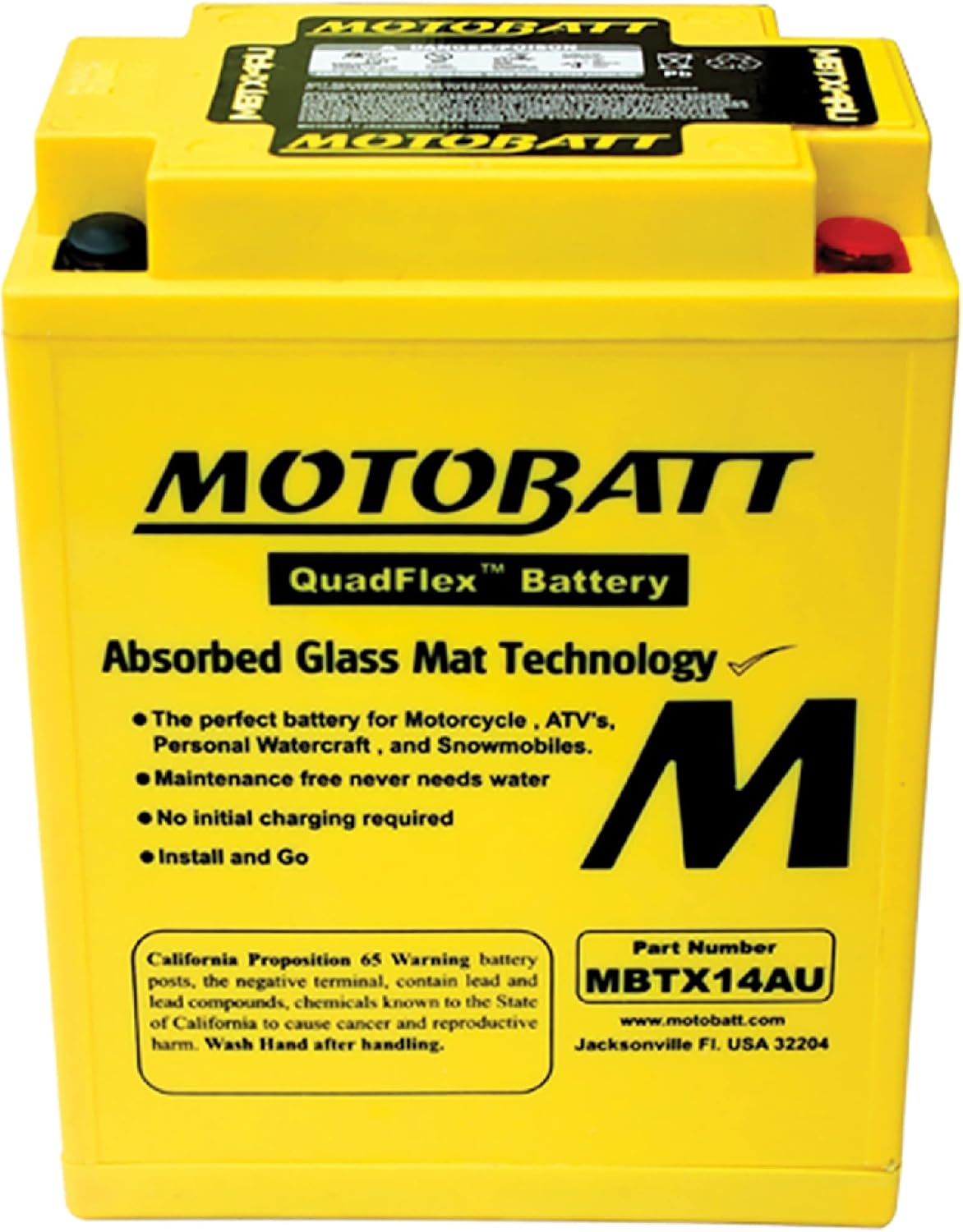 MotoBatt DB Electrical MBTX14AU New Battery For Motobatt 16.5Ah,Aprillia,Atlantic,Ducati,Honda,Harley-Davidson,Kawasaki,Triumph,Brp Can-Am,Artic Cat,Polaris,Others 12N14-3A 12N14-3B YB14-A1 YB14-A2