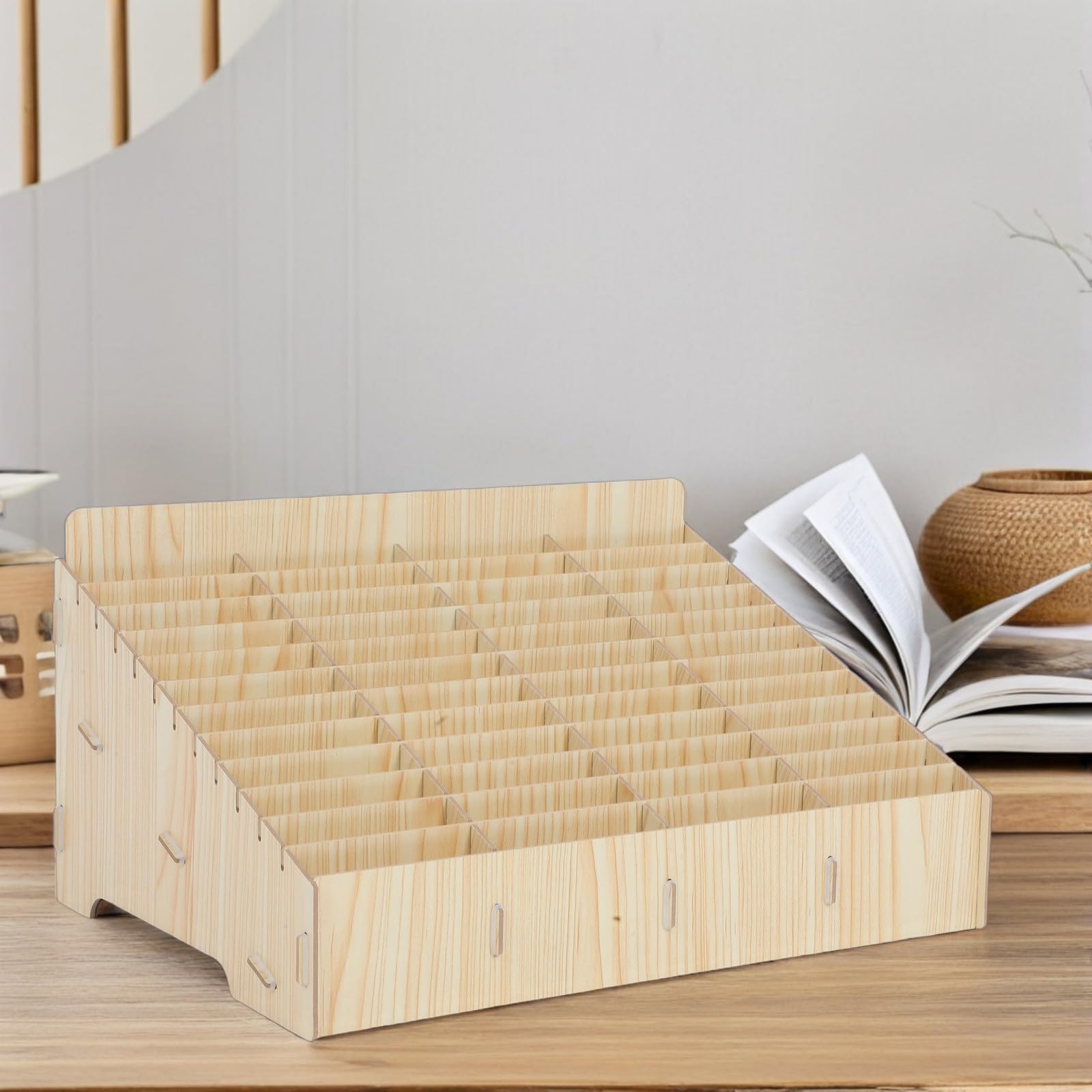 FUOYLOO Caja de Almacenamiento de Madera Diseño Multigrid y Ahorro de Espacio para Teléfono Móvil 48 Rejillas, Organizador de Escritorio para Aula y Oficina