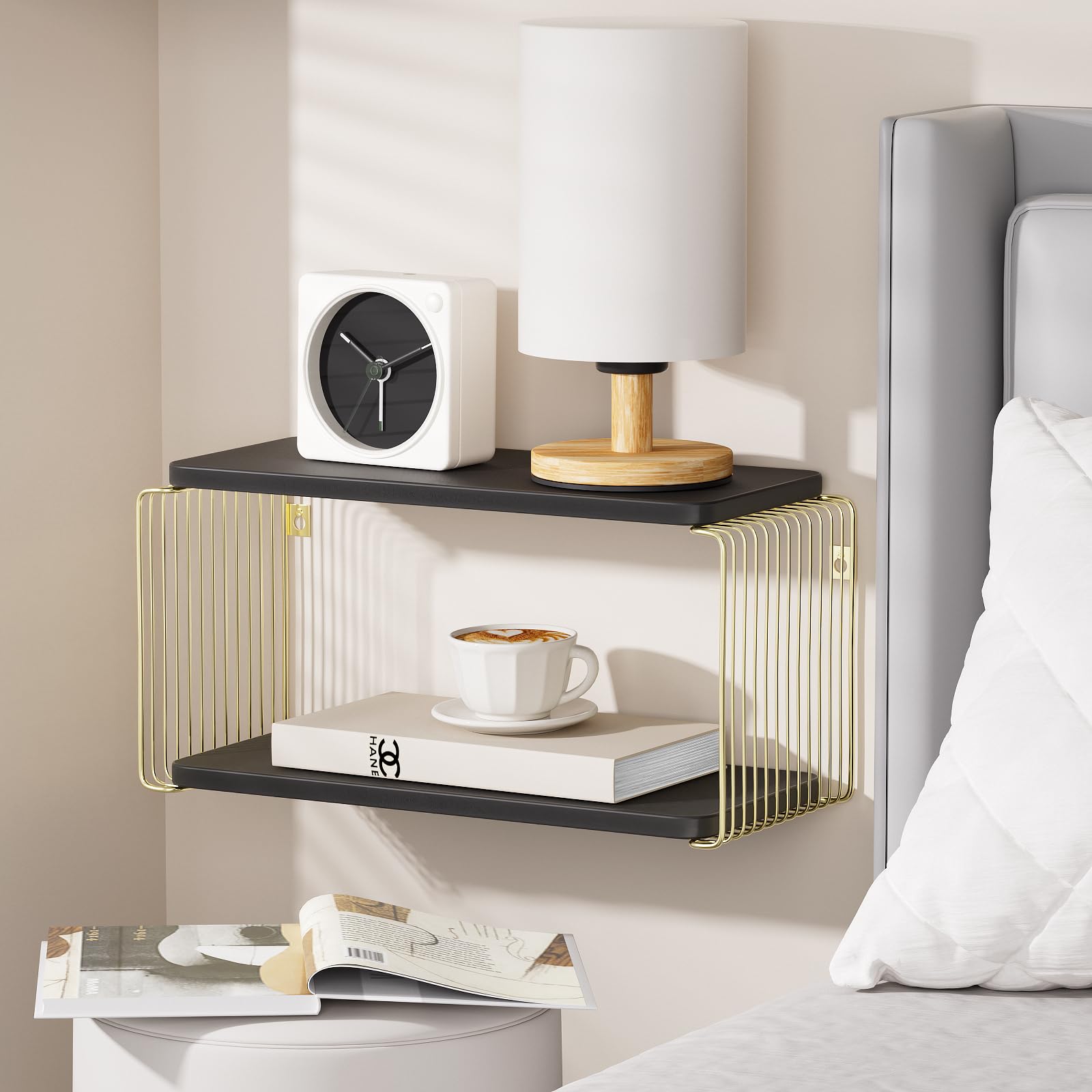Floating Nightstand with Gold Metal Wire Sides, Wall Mounted Bedside Shelf Modern Black MDF Small Wall Shelf for Bedroom, Apartment, Dorm, Space Saving Bedside Table Alternative