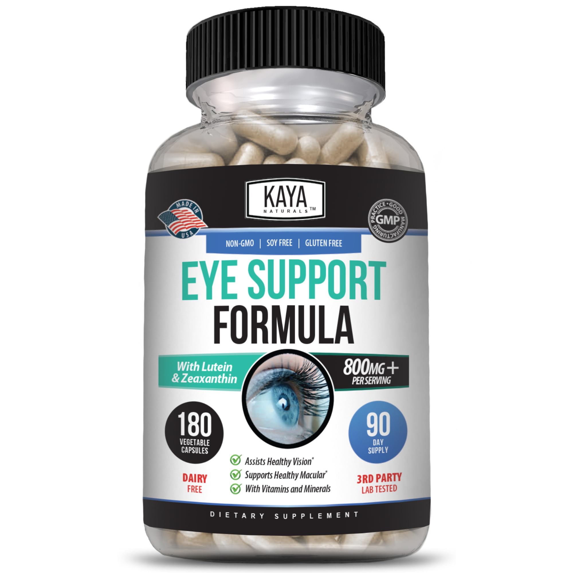 Kaya NaturalsEye Health Supplement - Lutein & Zeaxanthin - Supports Eye Strain, Dry Eyes, and Vision Health - 800mg Vitamin Supplement - 180 Count