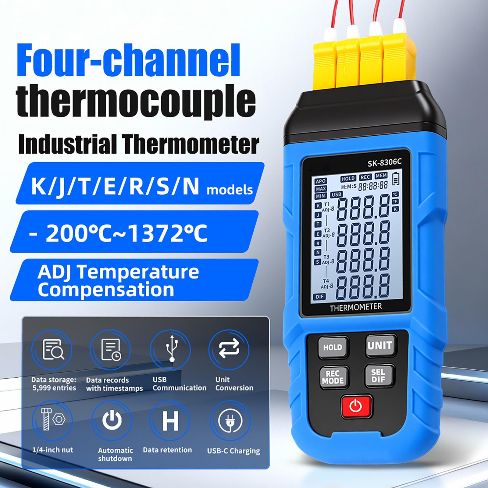 Elprico Thermomètre à Thermocouple Numérique, Enregistreur de Données de Compteur de Température de Type K J à 4 Canaux avec Stockage Bluetooth USB 5999, pour Industriel (SK-8306C Quad-Canal)