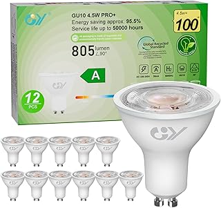GY Ampoules GU10 LED Spot Classe A, 805LM Blanc Chaud 2700K，4,5W Équivalent 100W GU10 36° (Faisceau Étroit), Efficacité Energétique, Non-Dimmable, Lot de 12