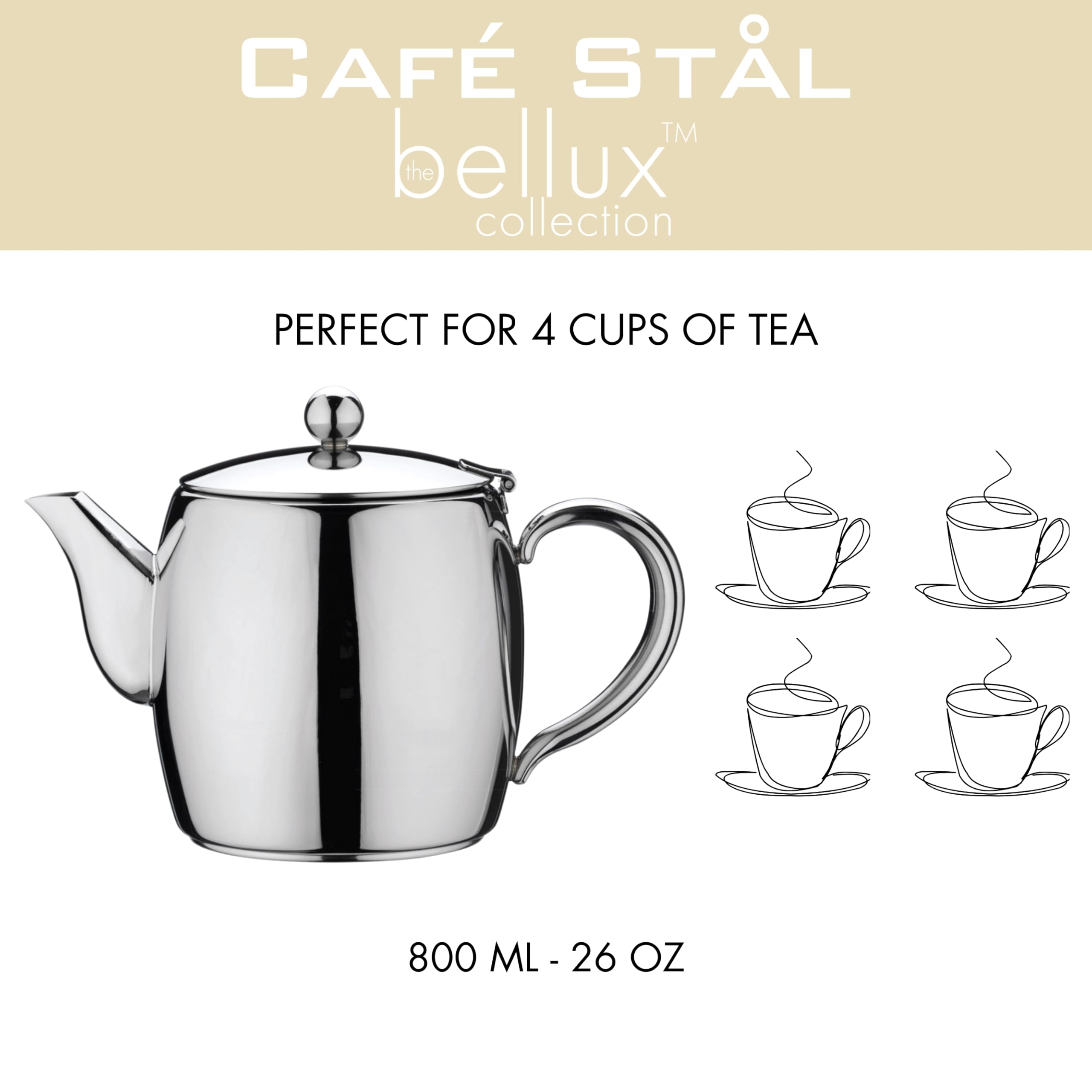 BT-026 Café Stål Bellux Collection Deluxe Teiera da 350 ml, 2 teiere da 3 tazze, in acciaio inox 18/10, lucidato a specchio, manici resistenti al calore, beccuccio argon