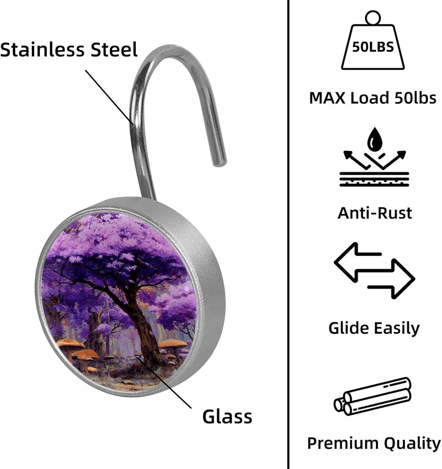 12PCS Purple Flowers Trees and Mushrooms (1) Shower Curtain Hooks Metal Rust Resistant Decorative Shower Curtain Hooks Bathroom Decorations