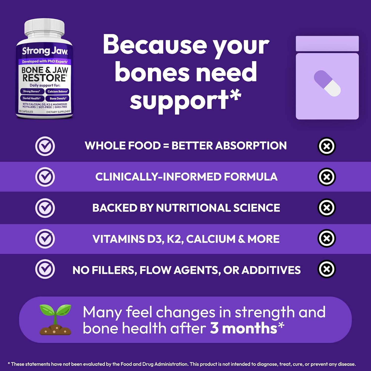 Strong Jaw - Bone & Jaw Restore – Calcium Supplements with Vitamin D3, K2 & Magnesium | Non-GMO | Bone Builder & Nutrition Support for Women & Men | Density Support Formula | 180 Capsules Bottle