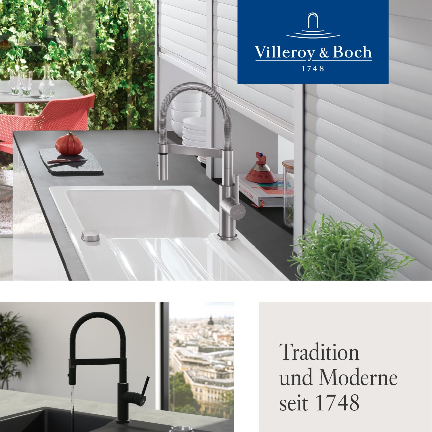 Villeroy & Boch Steel Expert Compact Küchenarmatur, Höhe 143 mm – Edelstahl | Umschaltfunktion, 360° schwenkbarer Auslauf mit Spiralfeder, Laminarstrahl, Hochdruck, 927300LC