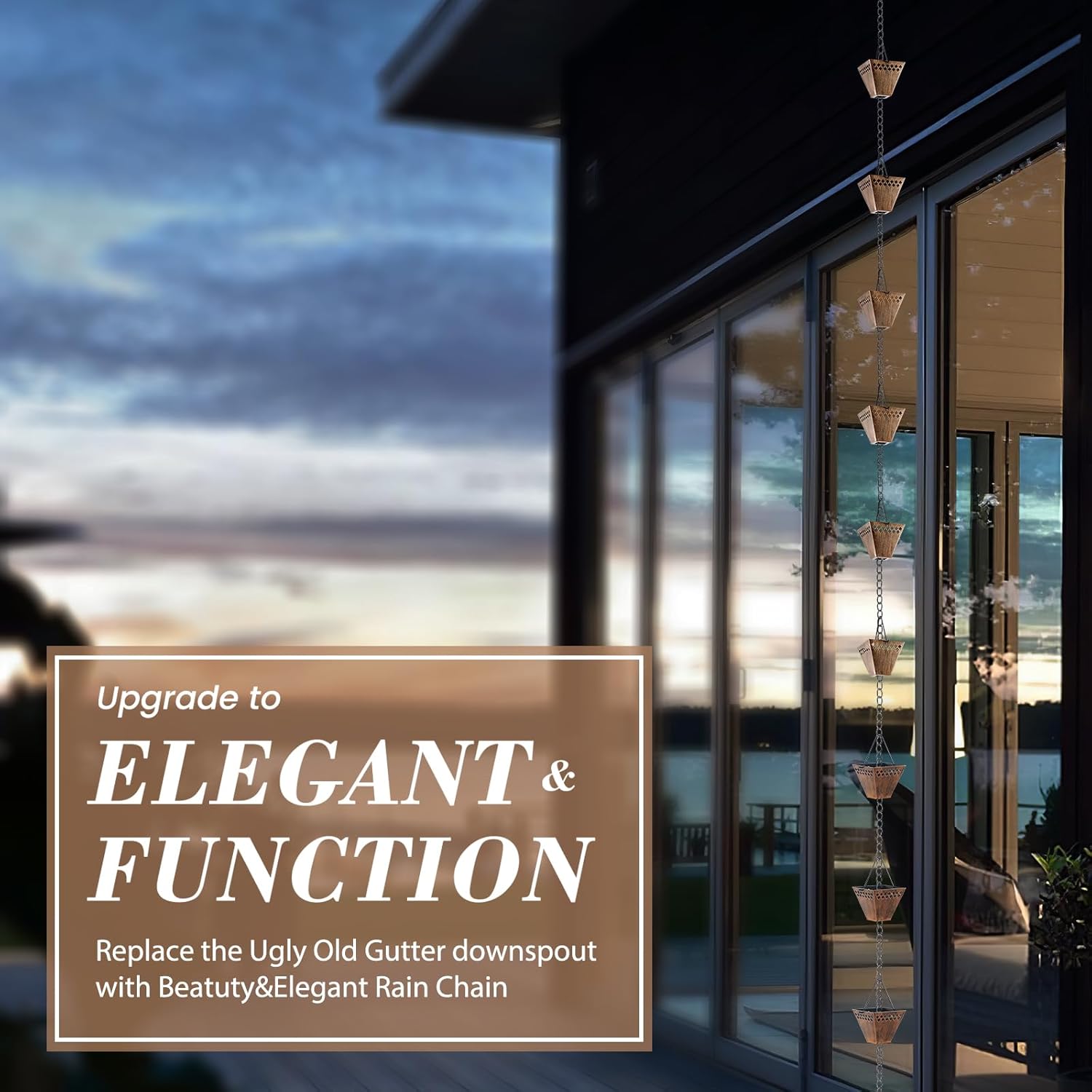 Square Rain Chain Gutter Downspout Copper Rain Chains for Gutters with 12 Cups, Adjustable Rain Catcher Chain with Bell for Outside Water Diverter Garden Decorative Garden, 8.5 Ft