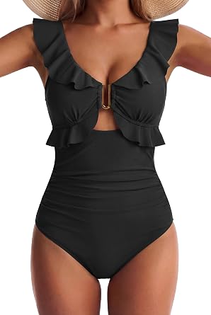 Women One Piece Swimsuit Tummy Control Ruffle Bathing Suit Cutout V Neck Swim Suit Ruched Slimming Swimwear