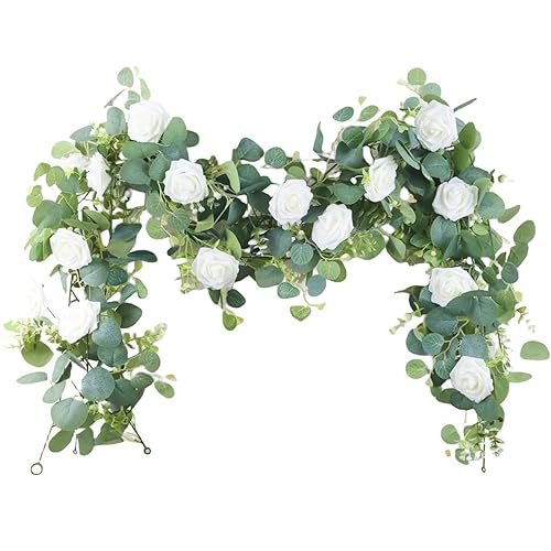 2Pcs Eucalyptus Garland with White Roses, Artificial Realistic Floral Garland