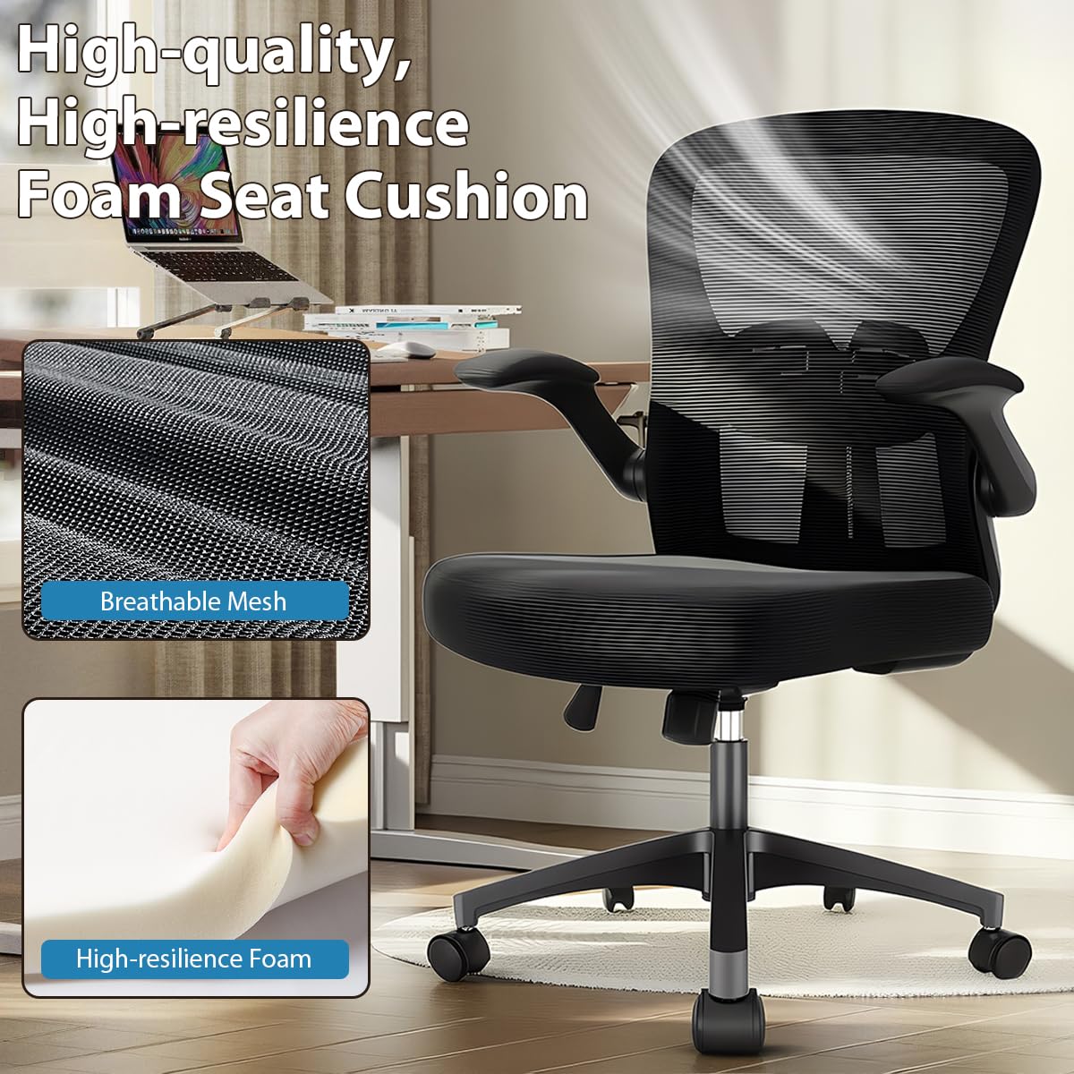 Durrafy Sedia da Ufficio Ergonomica, Braccioli Ripiegabili 90°, Supporto Lombare Regolabile, Rete Traspirante, 130° Inclinazione（Non bloccabile）, 130kg Carico