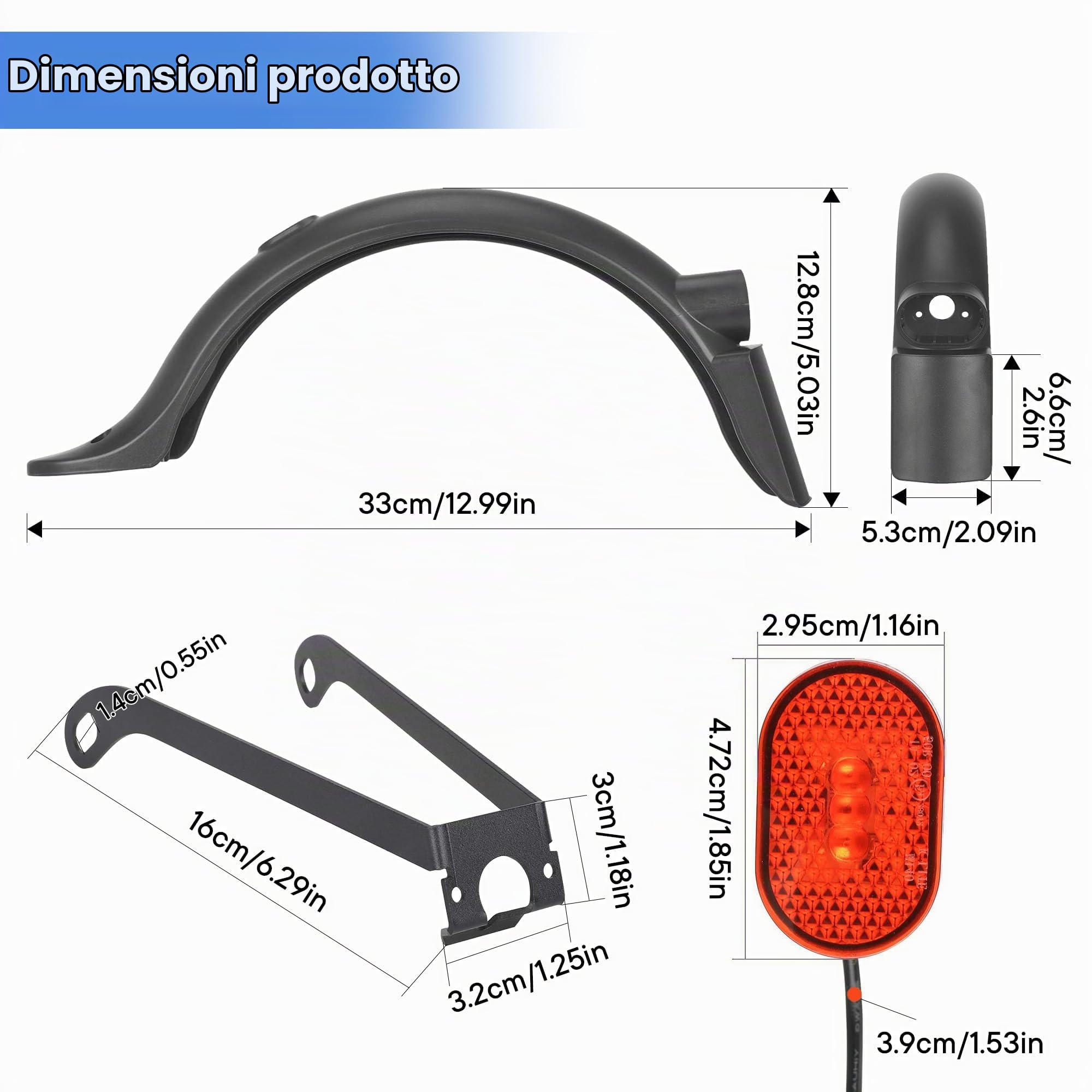 Parafango Posteriore per Monopattino Elettrico Xiaomi M365 Pro2/Pro/1S/Essentia，Parafango Posteriore per Scooter con Luce Posteriores LED/Riflettori e Ganci，Accessorio di Ricambio Xiaomi