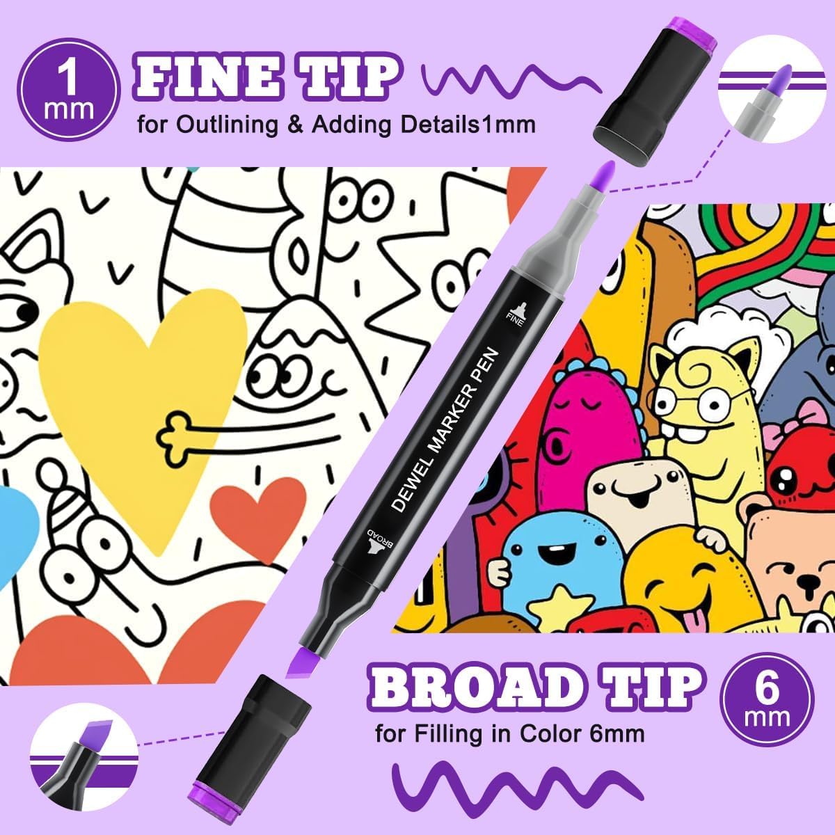 DEWEL 120 Farben Alkohol Marker Set - Doppelseitige Marker Filzstifte, Schnell Trocknende Marker - mit Skizzenbuch, Malbuch, Glitzerstifte und Fineliner - Ideal für Design, Malerei, Manga