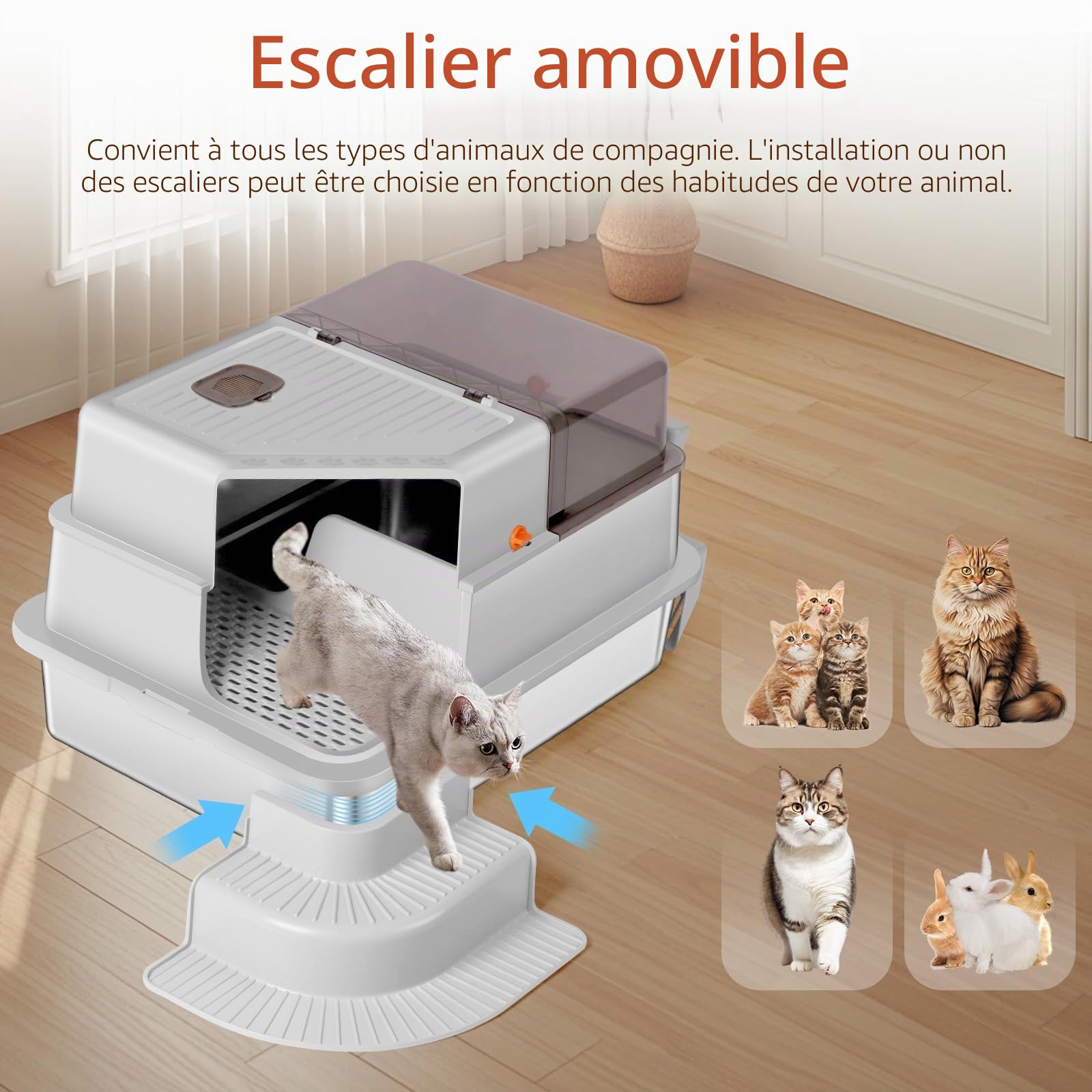 Litière pour Chat en Acier Inoxydable, bac à litière Haut en métal avec allée filtrée, Marche, Pelle, Non Collante, sans Odeur, Facile à Nettoyer (Gris Clair)