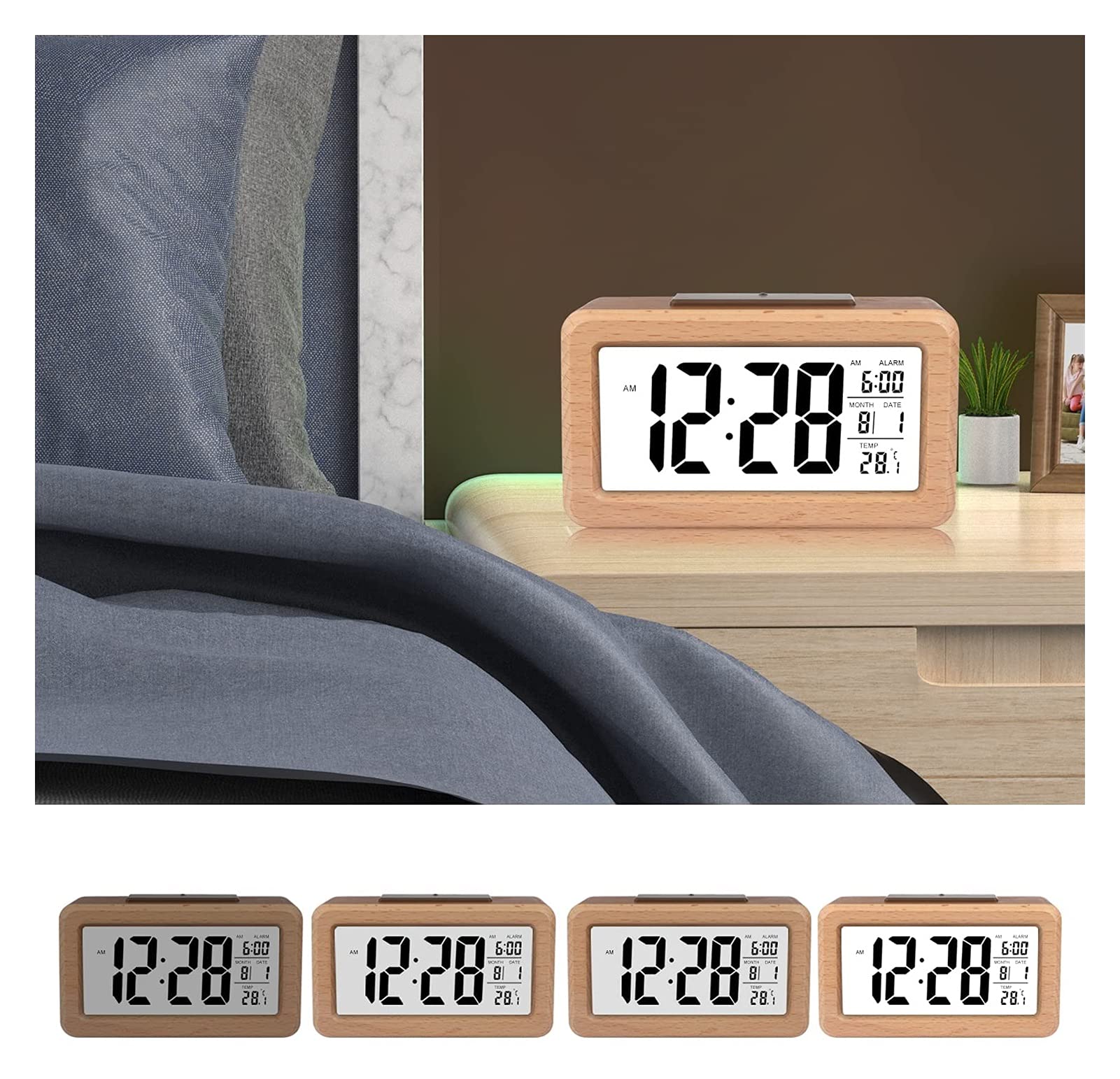 Cyfrowy budzik, duży wyświetlacz LED, Zegar powierzchni lustrzany z funkcją drzemki i regulowaną jasnością Ładowanie USB Connection Budz do sypialni, biura (Color : Brown)