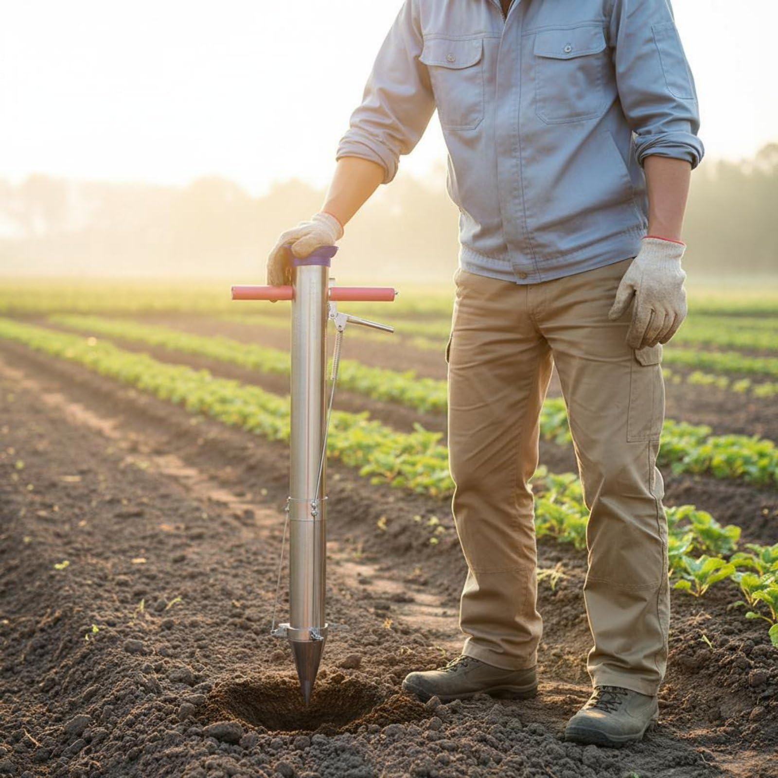Trapiantatore Piantine Senza Chinarsi, Attrezzo Trapianto Manico Lungo Acciaio Inossidabile, Trapiantatore per Piantine Semiautomatico per Serra, 2-Maniglia 2-Molla
