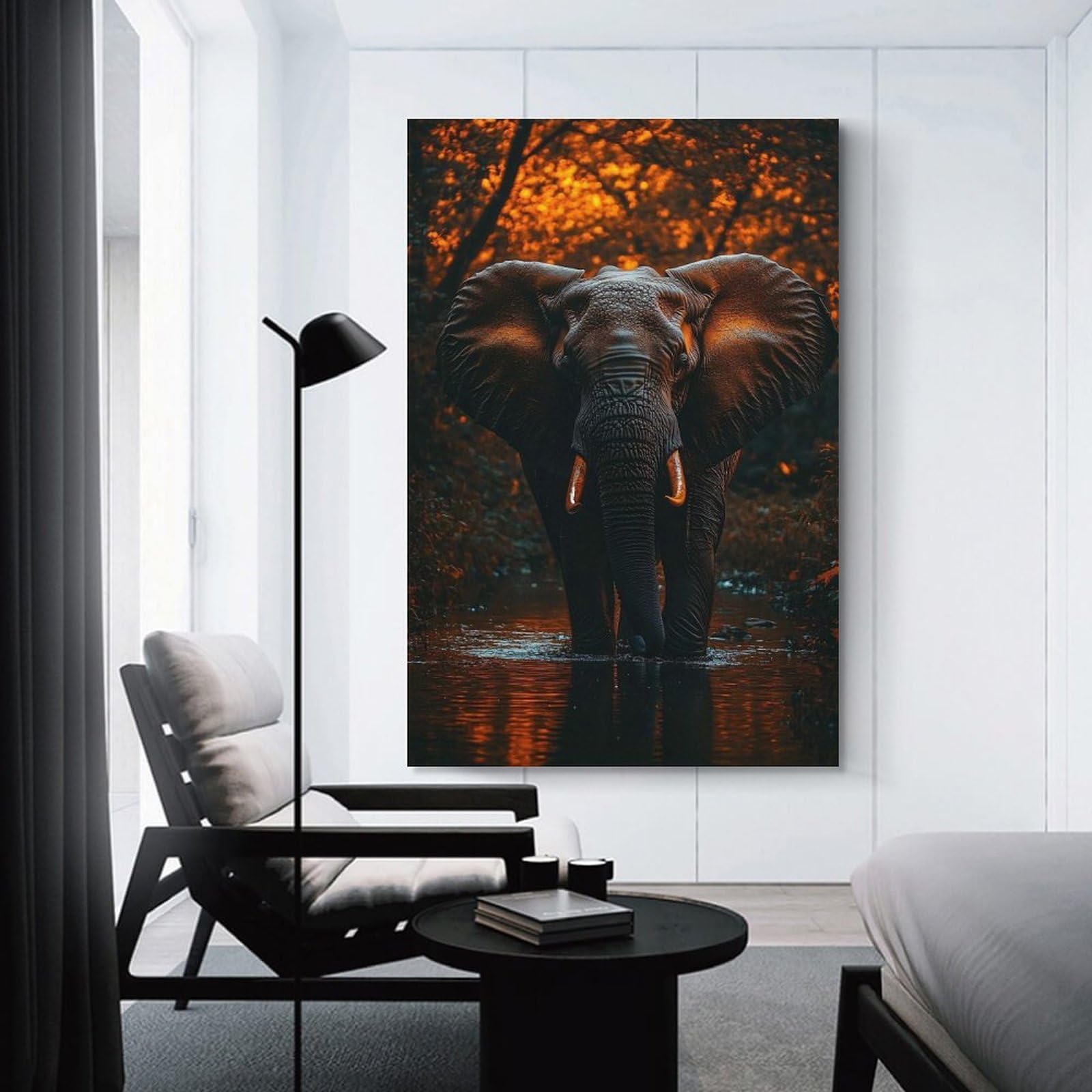 Junmoney Canvas Wall Art Elephant Wading through Water, Forest Background, 20x30inch(50x75cm), for Corridors, Hallways Or Apartment Entries, Decorative Canvas Styling for Entry Areas