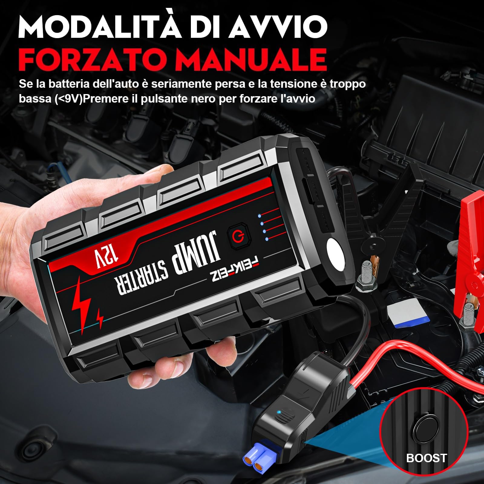 FEIKFEIZ Avviatore Batteria Auto, 6000A 26800mAh Avviatore Emergenza per Auto(Adatto a Tutti i Veicoli a Benzina o 10,0L Diesel) 12V,Avviatore di Emergenza, Jump Starter, con Torcia LED.