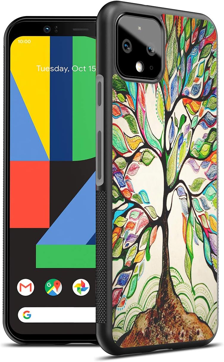 Dynippy Compatible Google Pixel 4 Case Non-Slip Shockproof Protection Plastic Silicone Rubber Hybrid Protective with Transparent Phone Ring Holder - Life Tree