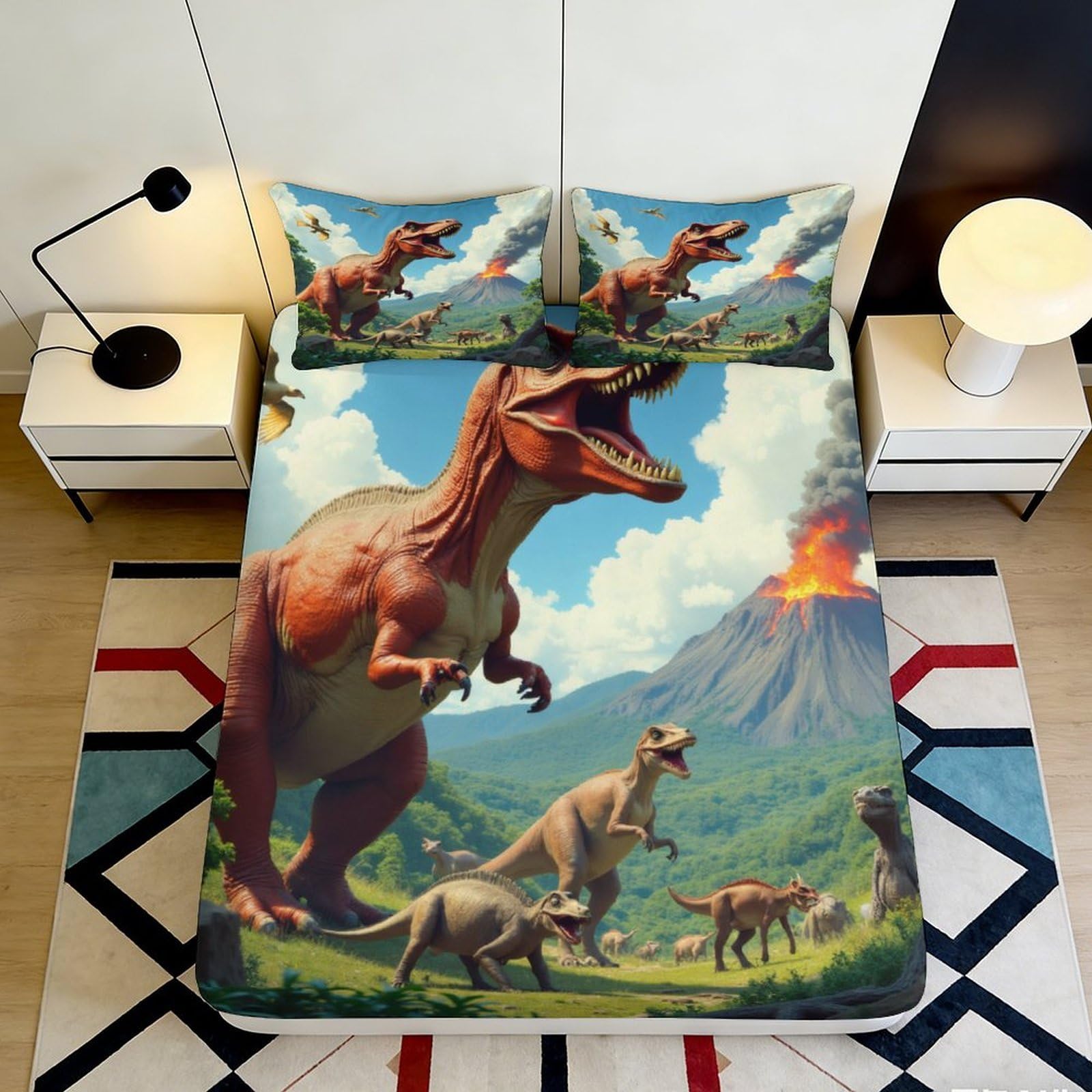 3D Printed Dinosaur Volcano Fitted Sheet Microfiber Soft Breathable Jurassic Scene Bed Cover for Bedroom Decor 90x200x25cm