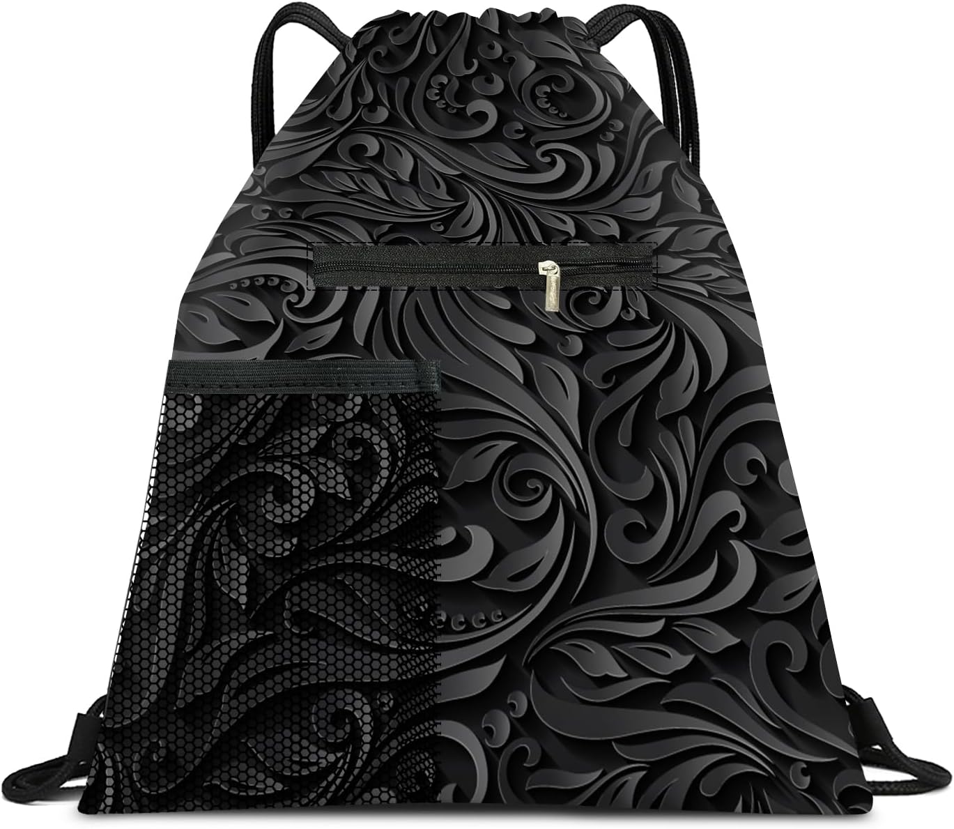 Drawstring Backpack Sports Gym Bag, Large String Swim Bag for Beach With Water Bottle Mesh Pocket, Cute Gym Sack with Zipper Pocket for Men Women Cute Black Floral