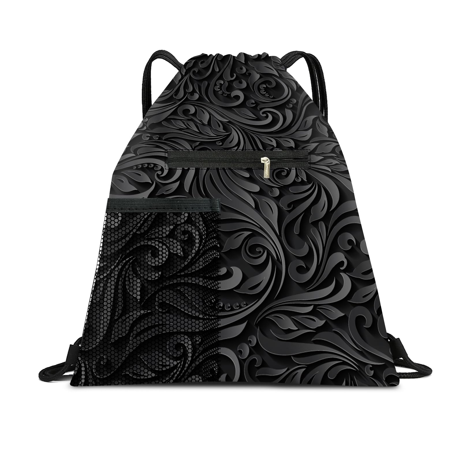 Drawstring Backpack Sports Gym Bag, Large String Swim Bag for Beach With Water Bottle Mesh Pocket, Cute Gym Sack with Zipper Pocket for Men Women Cute Black Floral