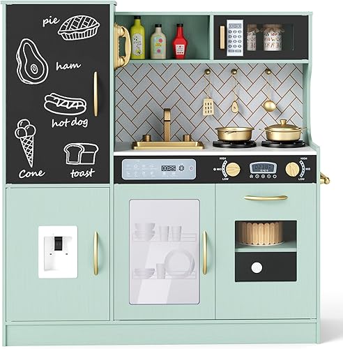 Miniatura 15 de HONEY JOY Juego de Cocina para Niños, Conjunto de Cocina de Juego de Madera del Pequeño Chef con Pizarra y Dispensador de Agua, Estufa Iluminada