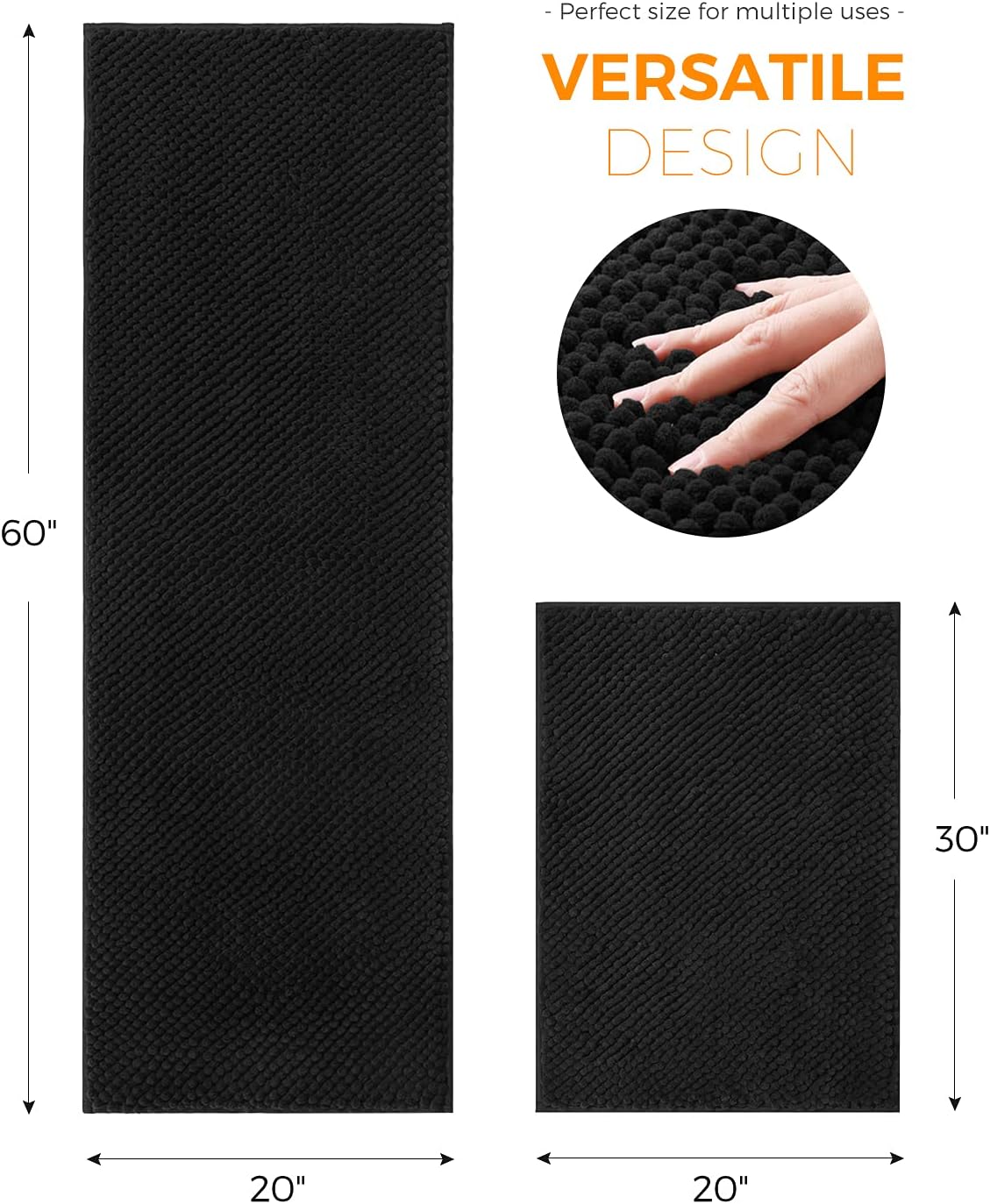 Pretigo Kitchen Rug Black Rugs for Kitchen Floor, Soft & Absorbent by Chenille Material, Washable Kitchen Rug Set Non Slip Kitchen Rugs and Mats 2 Pieces (20"X30"+20"X60")