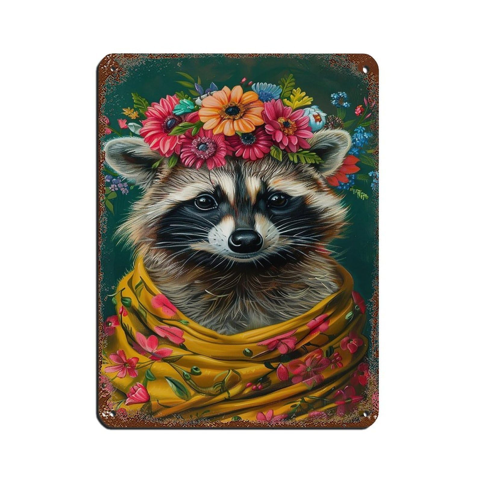 Vintage Maximalist Floral Raccoon Painting Poster Tin Sign Vintage Metal Pub Club Cafe Bar Home Wall Art Decoration Poster Retro 12x16inch(30x40cm)