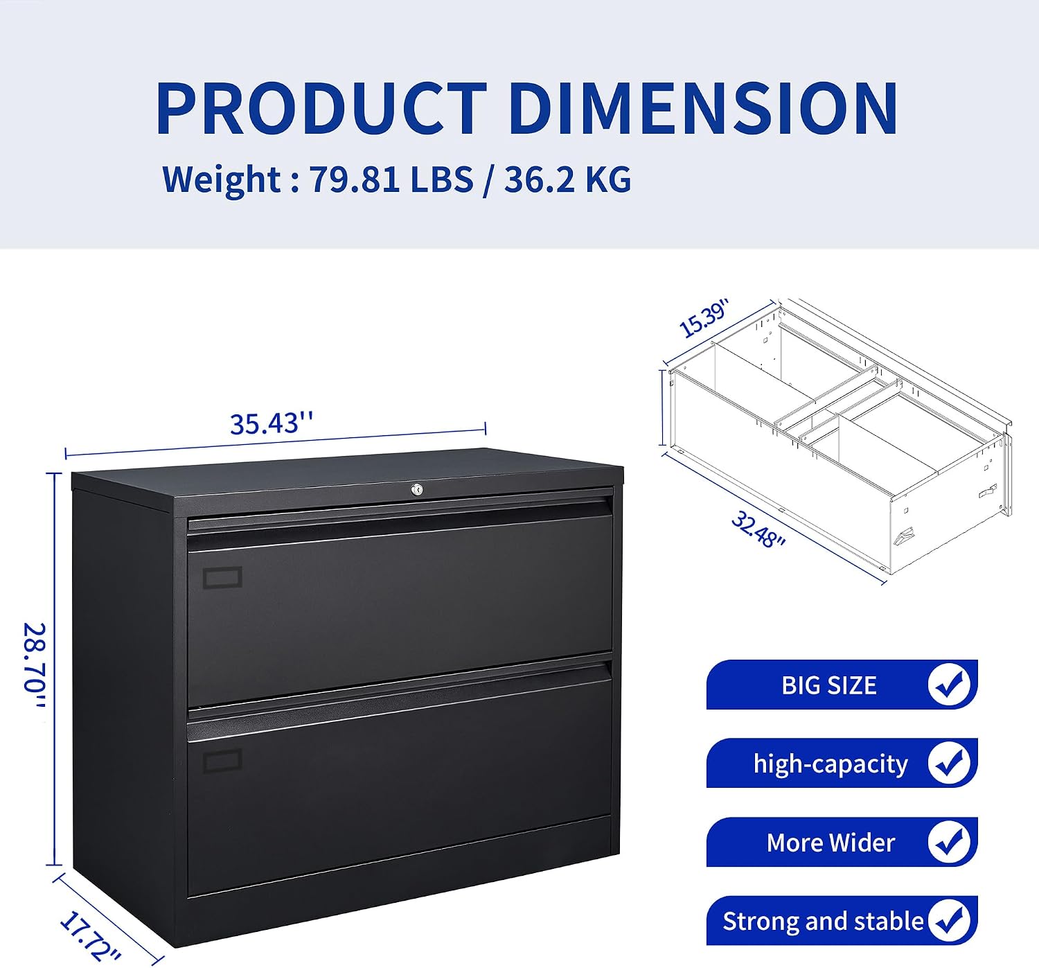 2 Drawer Filing Cabinet, Black Lateral File Cabinet with Lock, Lockable Metal File Cabinet for Home Office, Office File Cabinets for Legal/Letter/A4/F4 Size with Hanging Files&Key (Black(2 Drawer))