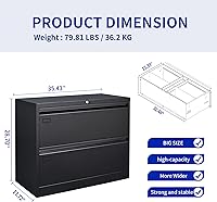 Vista 3 de Archivador de 2 cajones, archivador lateral negro con cerradura, archivador de metal con cerradura para oficina en casa, archivadores de oficina