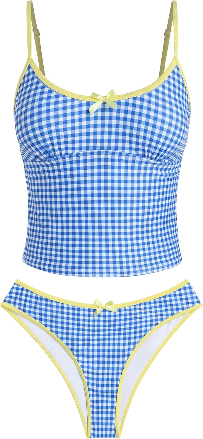 ZAFUL Womens Tankini Swimsuits Tummy Control High Cut Bow Decor Bathing Suits Two Piece Bikini Sets