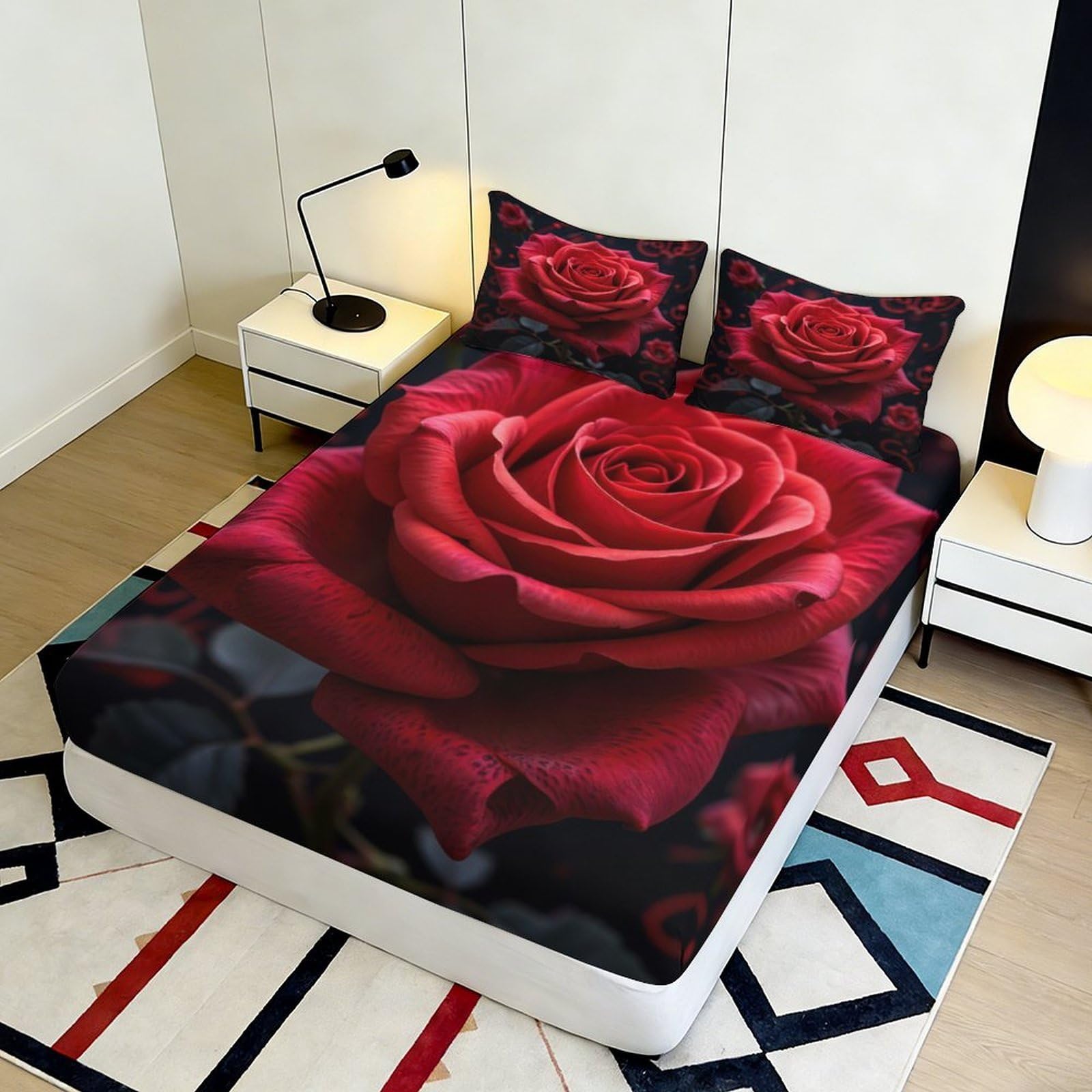 Lenzuolo con angoli con stampa 3D di rose, in microfibra, antiscivolo, decorazione per la casa | morbido, protezione per materasso, facile da pulire, per tutto l'anno, traspirante, lavabile, 160 x 200 x 25 cm