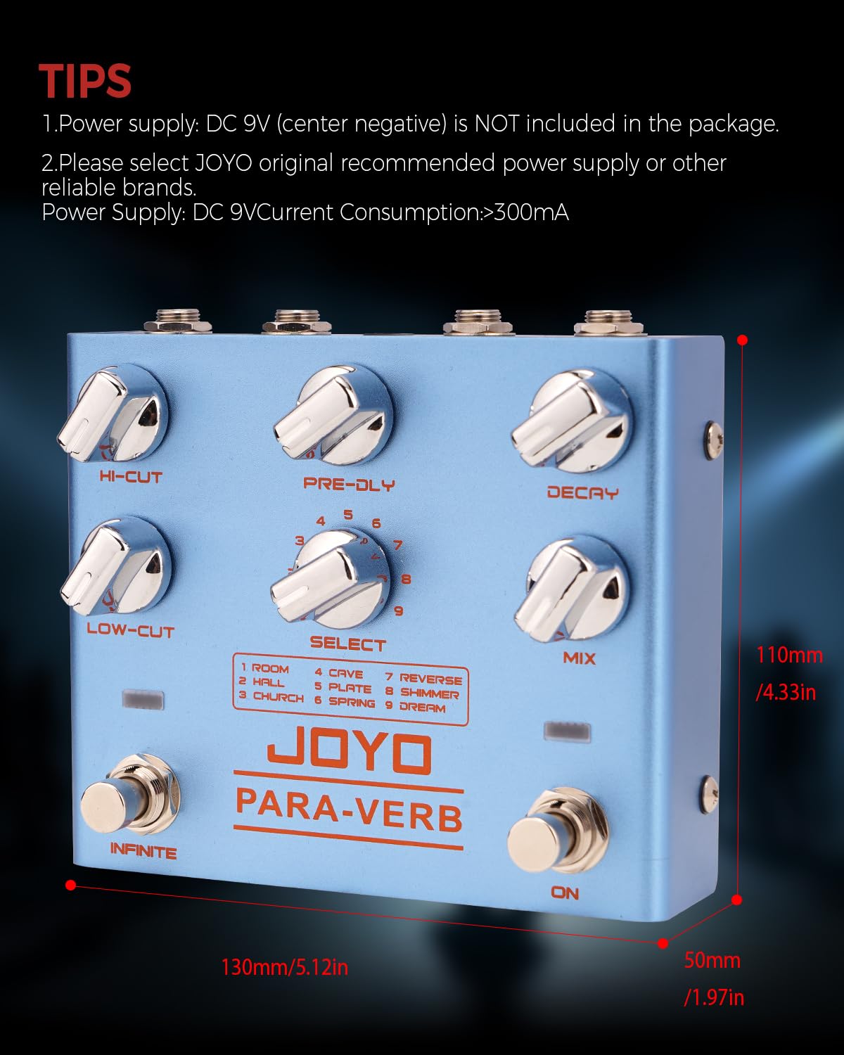 JOYO Reverb Pedal Digital Stereo mit 9 Reverb-Effekten Infinite und Trail für E-Gitarre True Bypass (Para-Verb R-31)