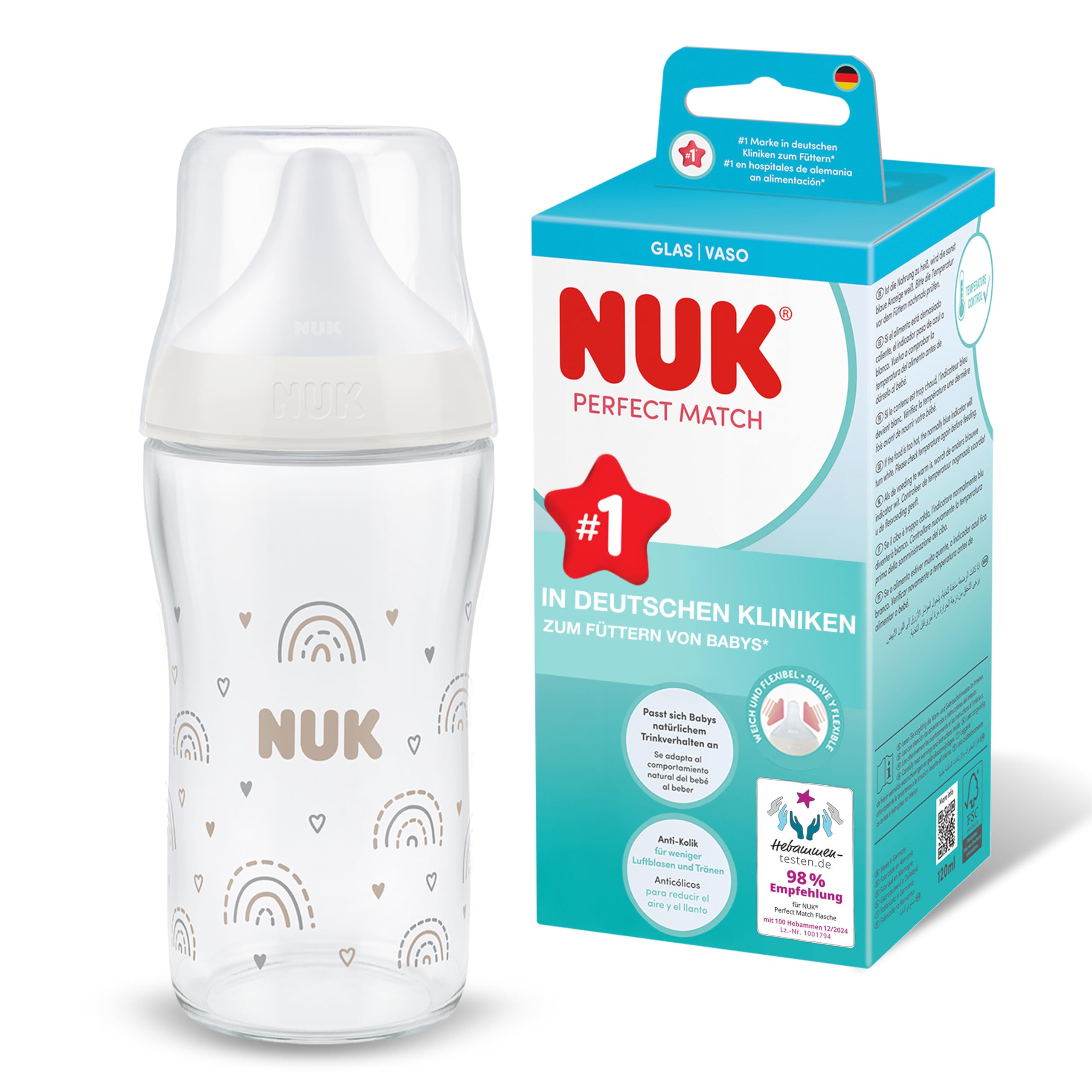 NUK Perfect Match Babyflaschen | 3+ Monate | 230 ml | Anti-Kolik-Babyflasche | Babyflaschen Glas | Temperature Control Anzeige | Regenbogen | 2 Stück