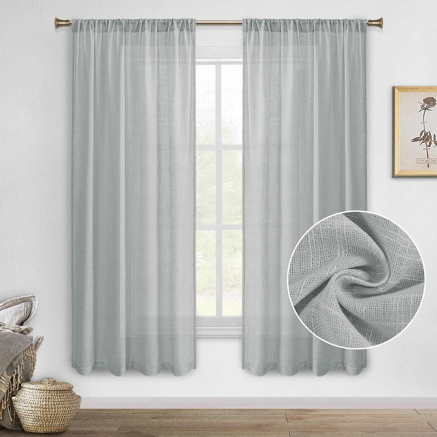 DWCN Grey Faux Linen Sheer Curtains, Rod Pocket Textured Semi Voile Bedroom and Living Room Window Curtains