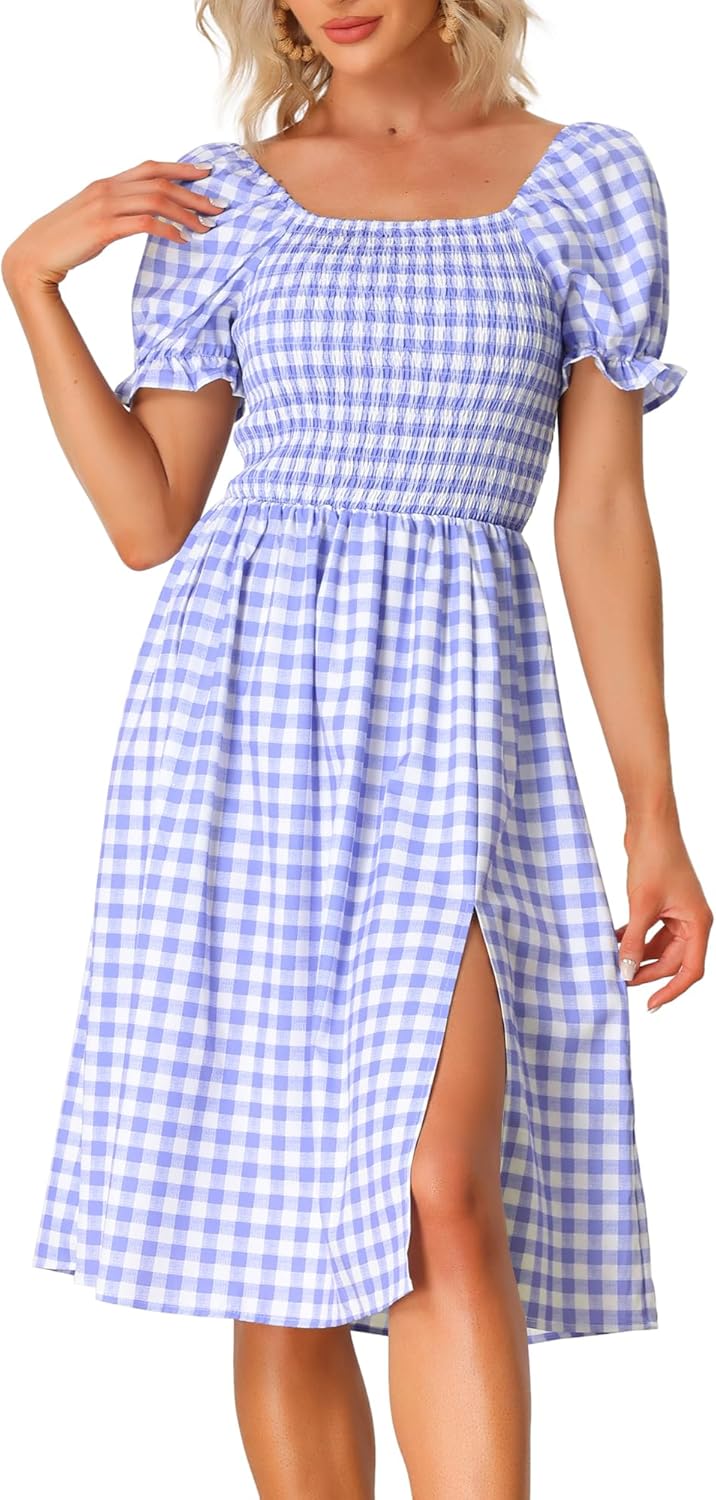 Allegra K Gingham Dress for Women Smocked Square Neck Puff Short Sleeve Side Slit Knee Length Summer Casual Plaid Dresses