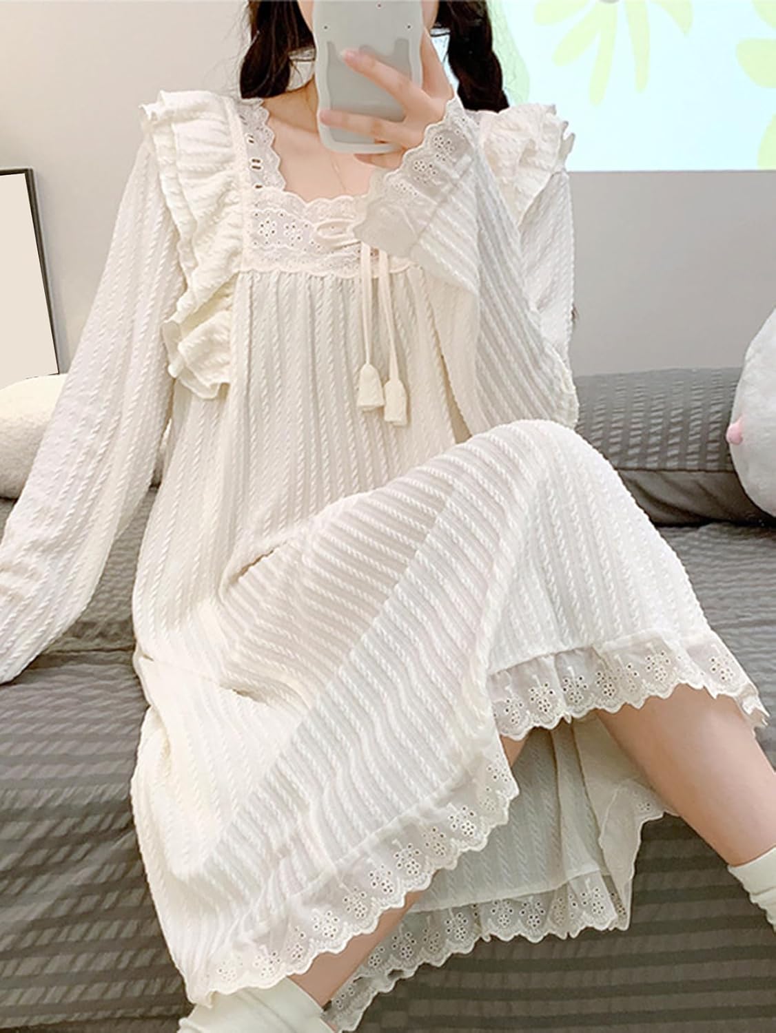 [シュウカ] ネグリジェ ルームワンピース パジャマ 綿 ルームウェア ロング お寝巻き 長袖 ロング丈 春夏秋 お姫様気分に レデ