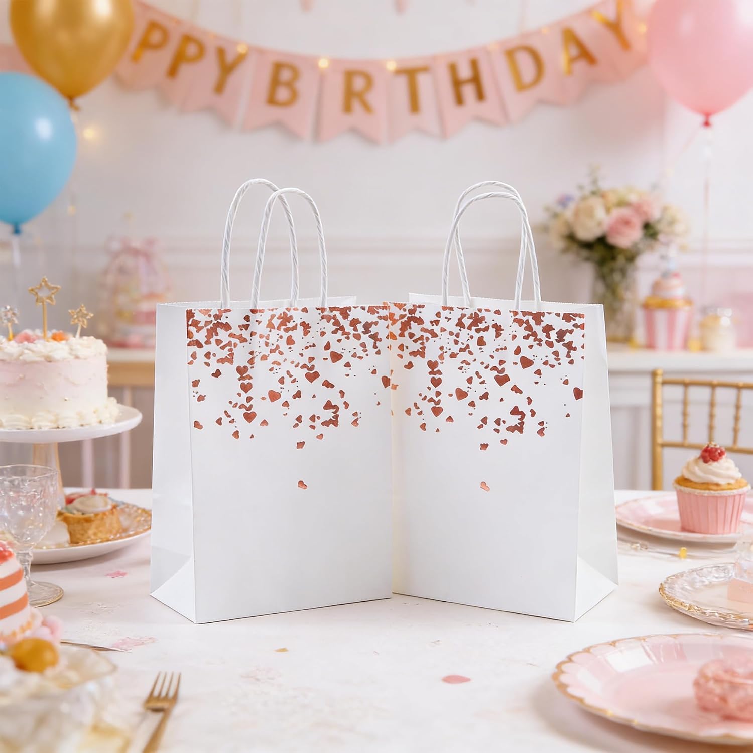 Cooraby 18 Pieces Rose Gold Bronzing Paper Bags Hen Party 6.3 x 3.1 x 8.6 Inch Bride Wedding Kraft Bags Birthday Gift Bag with Handle for Parties Celebrations (Color C) image 4
