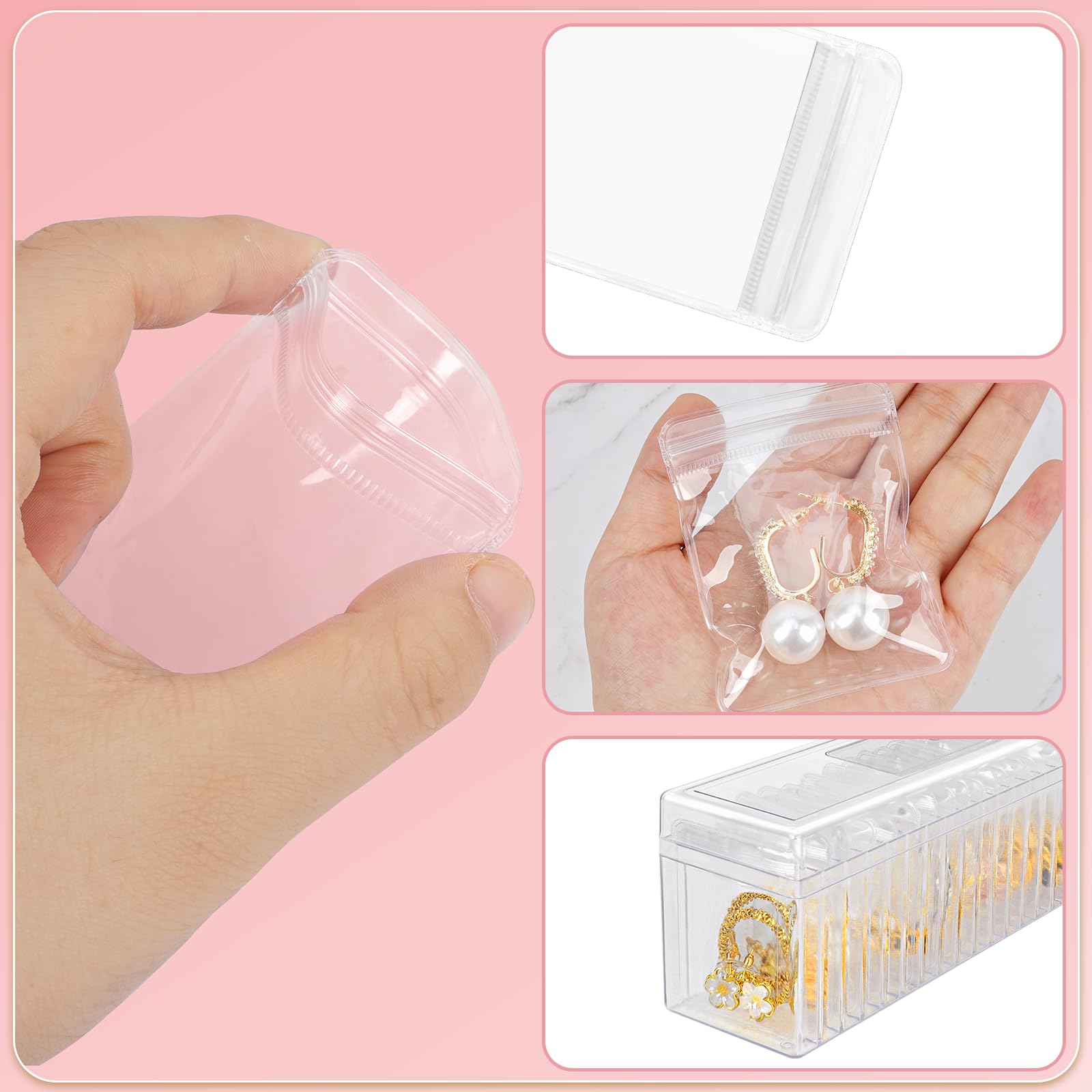 Joyero de acrílico organizador de joyas transparente con tapa, estuche de almacenamiento de viaje, para aretes, anillos, collares, caja transparente de 2 piezas, con 40 bolsas de joyería 5