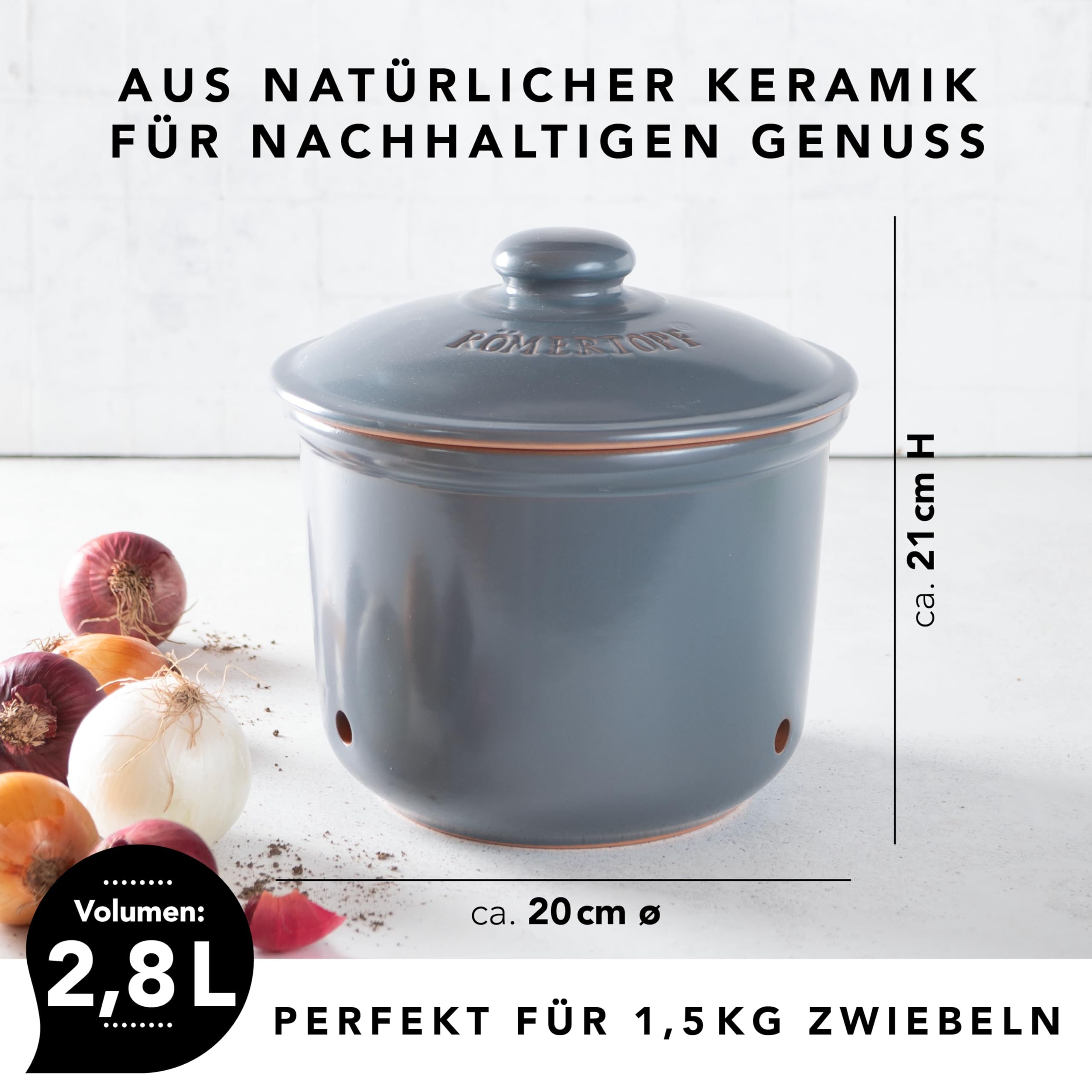 Römertopf MAXI – Olla de cerámica para cebollas y verduras, 2,8 L, transpirable y ventilada, base esmaltada, apta para lavavajillas, gris y azul