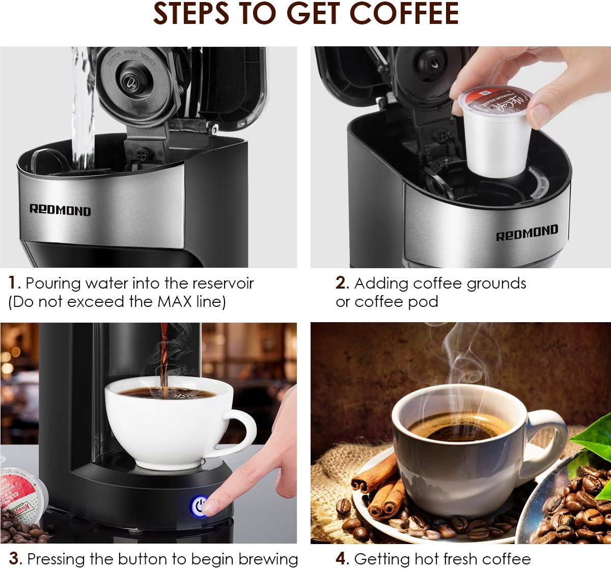 REDMOND Single Cup Coffee Maker Brewer, Compatible With Single Serve Pod & Grounds, 1000W, 6 to 14 OZ Brew Sizes, 90s Fast Brewing, One Button Operation, Black, CM001