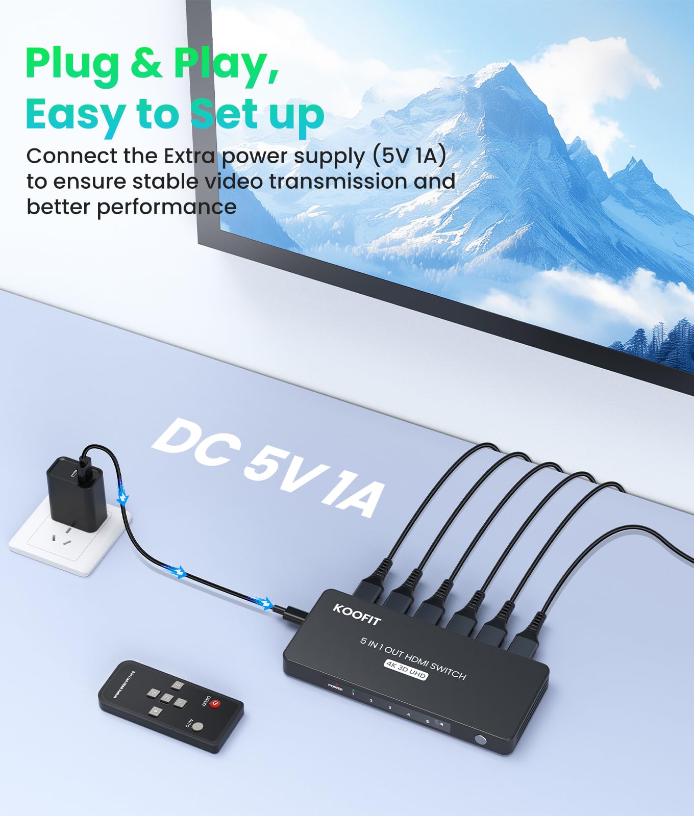 Przełącznik HDMI 5 wejść 1 wyjście, przełącznik rozdzielacz HDMI 4K z pilotem, automatyczny przełącznik obsługuje 4K 3D UHD HDR dla PS5, PS4, PS3, Roku, DVD, Blu-ray, Xbox, PC, TV