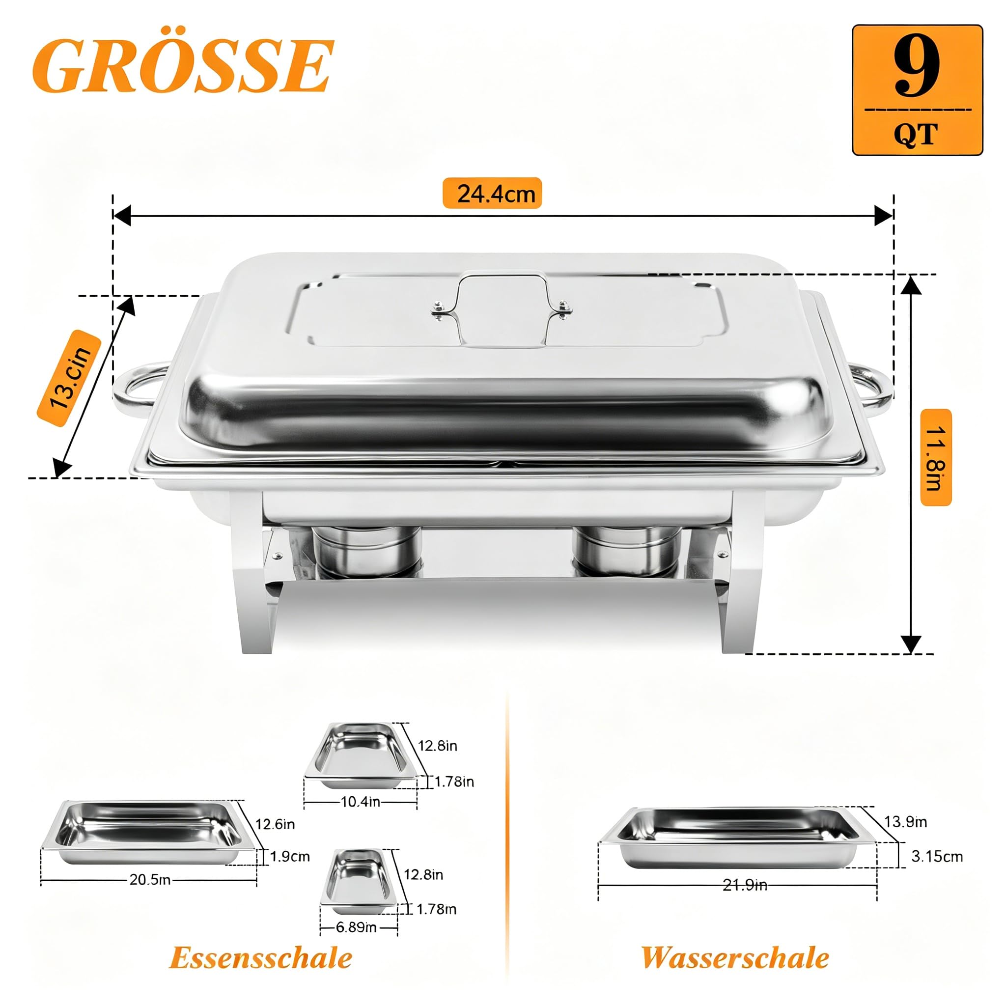 Chafing Dishes für Buffet 9 QT 4er Pack 7 Behälter, [Behälter in verschiedenen Größen] Catering-Chafing-Dish mit Deckeln, Behältern und Brennstoffhaltern – Buffet-Wärmer [Robust und langlebig] für Par
