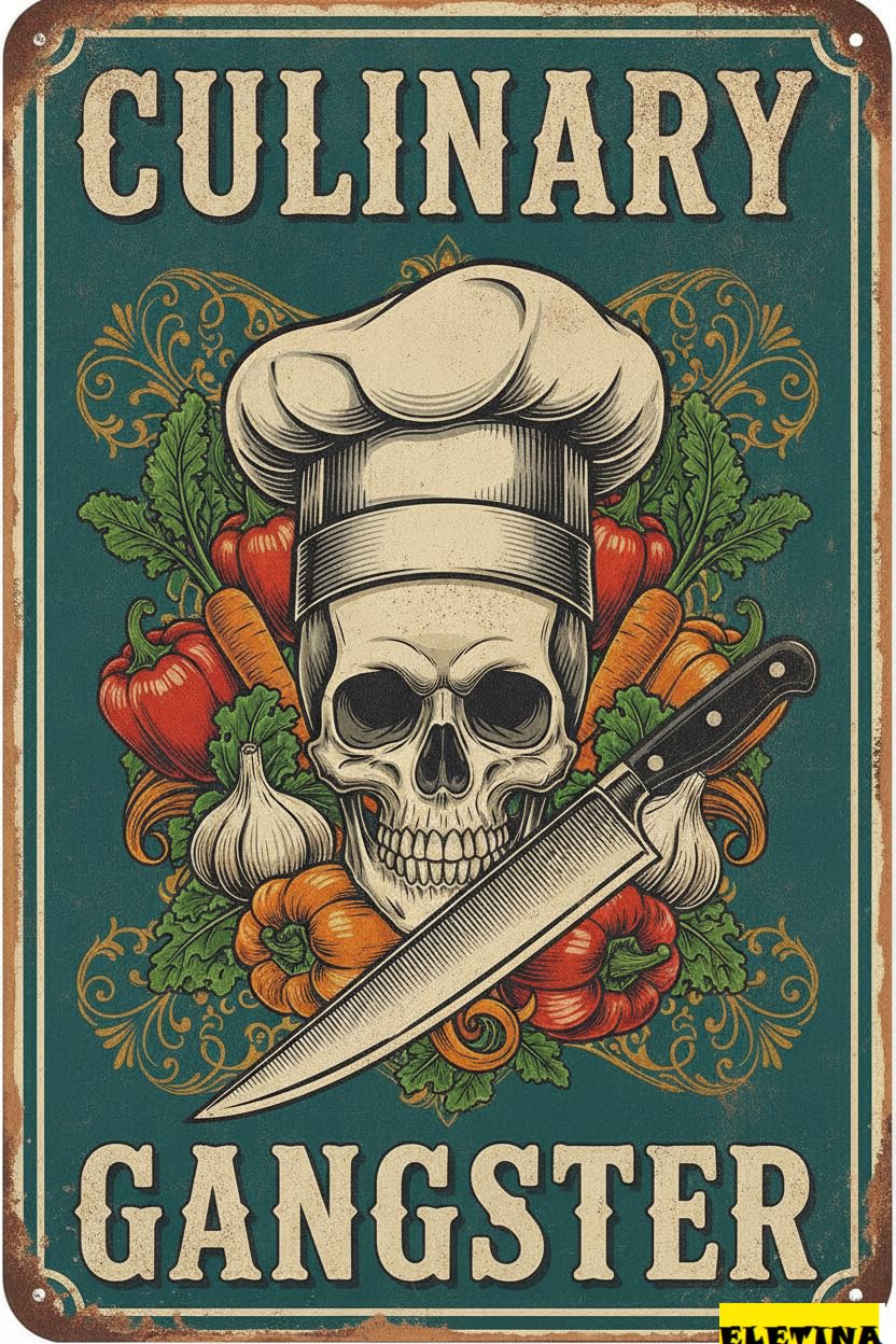 Personalized Sign for Man Cave Kitchen Wall Decor Vintage Skull Metal Funny Culinary Gangster Tin Cooking Poster Wall Decor Home Kitchen Bar Pub Cafe 8x12inch Private Property Decorative