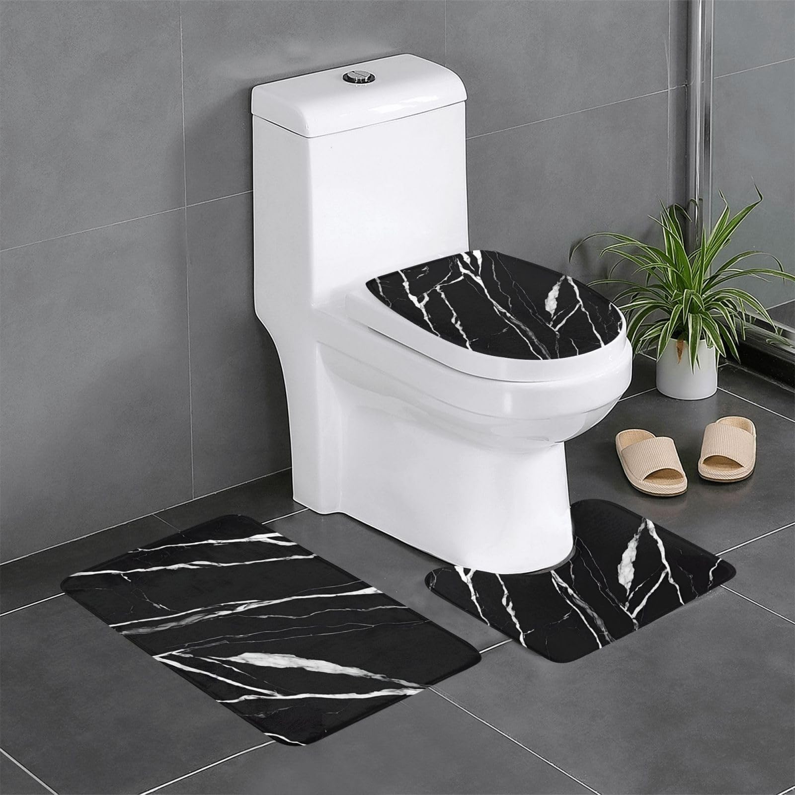 XHHRRDNZ (Black Gold Marble) 3 Piece Bath Rug Set Non-Slip Bathroom Mats with U-Shaped Toilet Mat Toilet Lid Cover Rug for Bathroom Floor