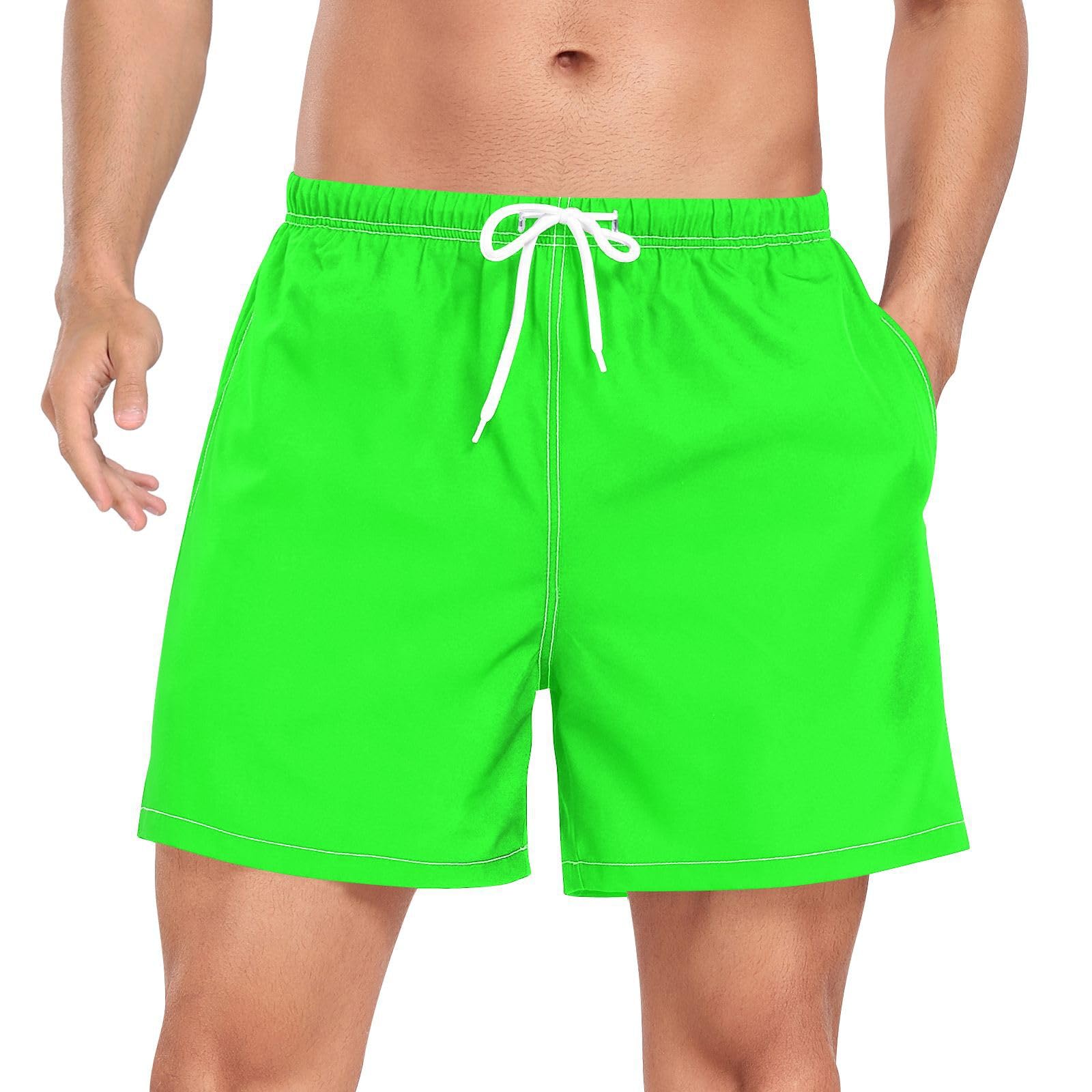 ATTX Neon Green Solid Color Mens Swim Trunks with Compression Liner 4.7