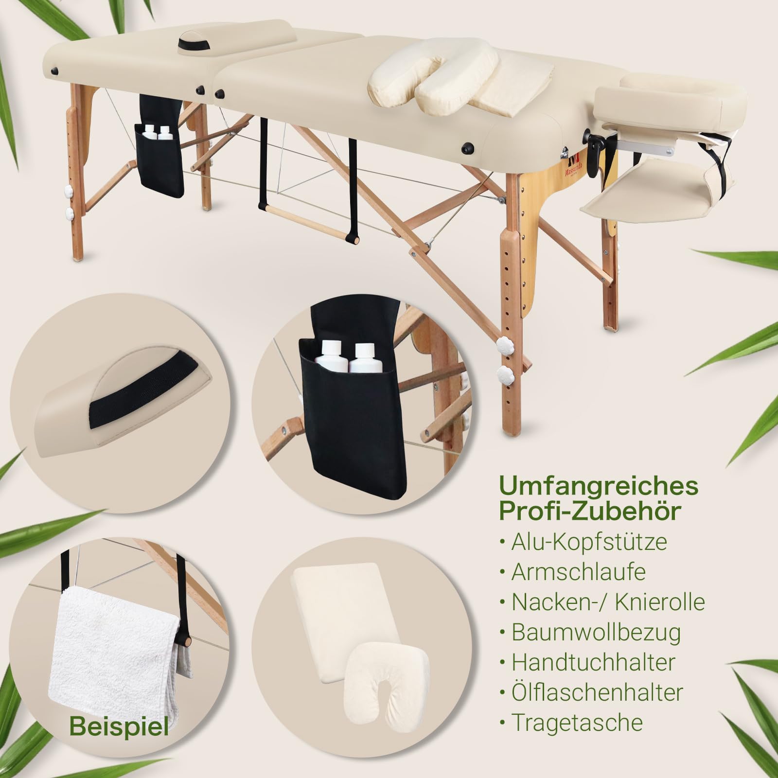 MASSUNDA – Mobile Comfort Deluxe Massageliege klappbar & höhenverstellbar – EXTRA breiter Massagetisch aus Vollholz – Massagebank mit ergonomischer Kopfstütze, Bezug, Armlehne, Kissen (Creme)