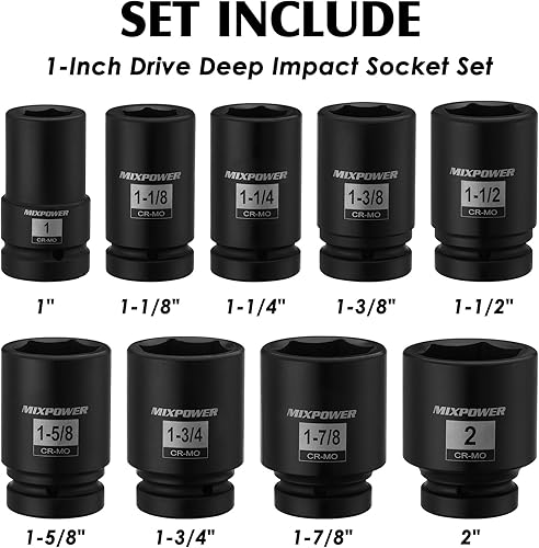 Miniatura 3 de MIXPOWER Juego de dados profundos de impacto de 1 pulgada, 9 piezas, 6 puntos, 1" - 2", CR-MO, SAE, profundo, 1" Dr. Deep husillo eje tuerca impacto